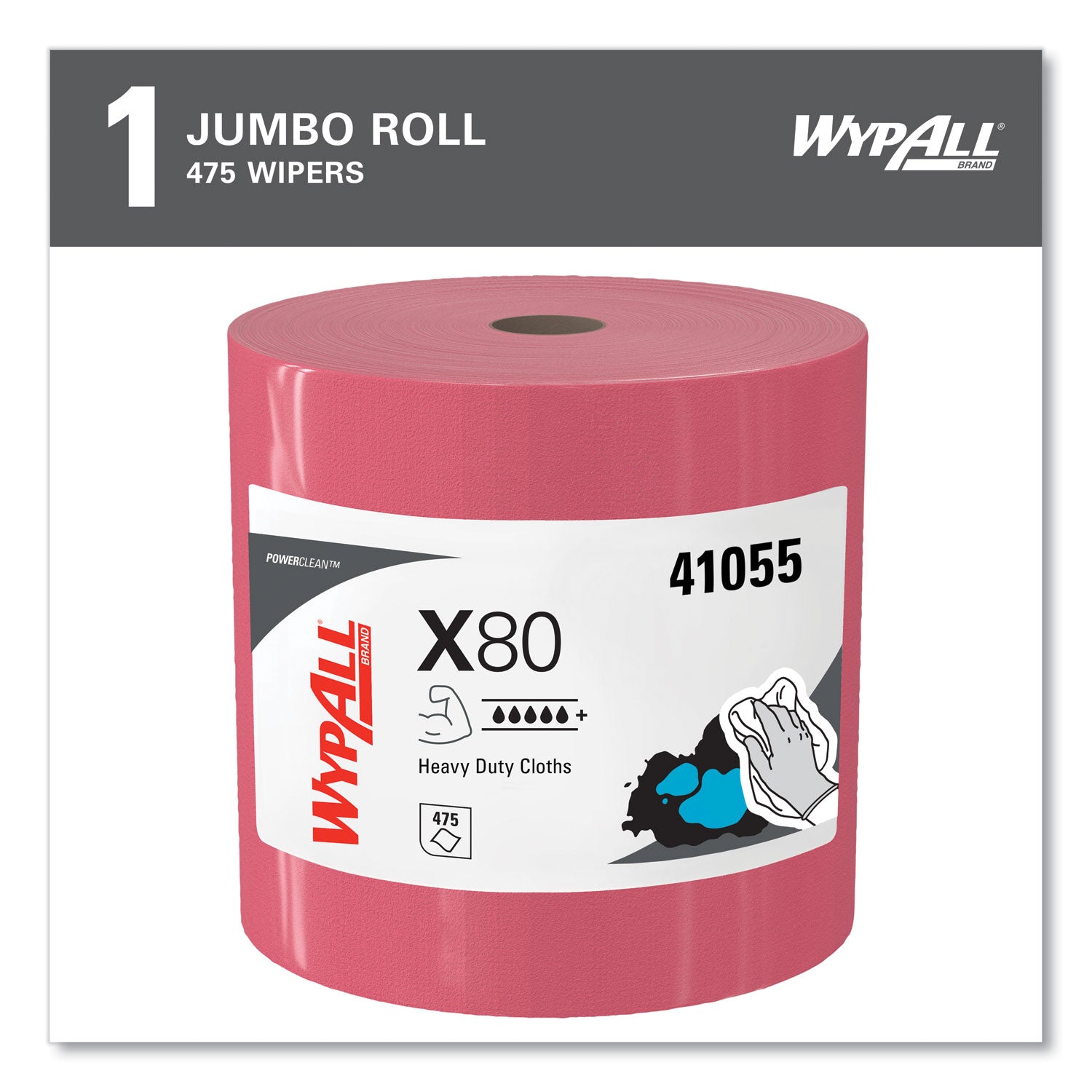 Wypall PowerClean X80 Heavy Duty Cloths Jumbo Roll - 12.50" Width x 12.20" Length - 475 Sheets/Roll - Red - 1 Carton