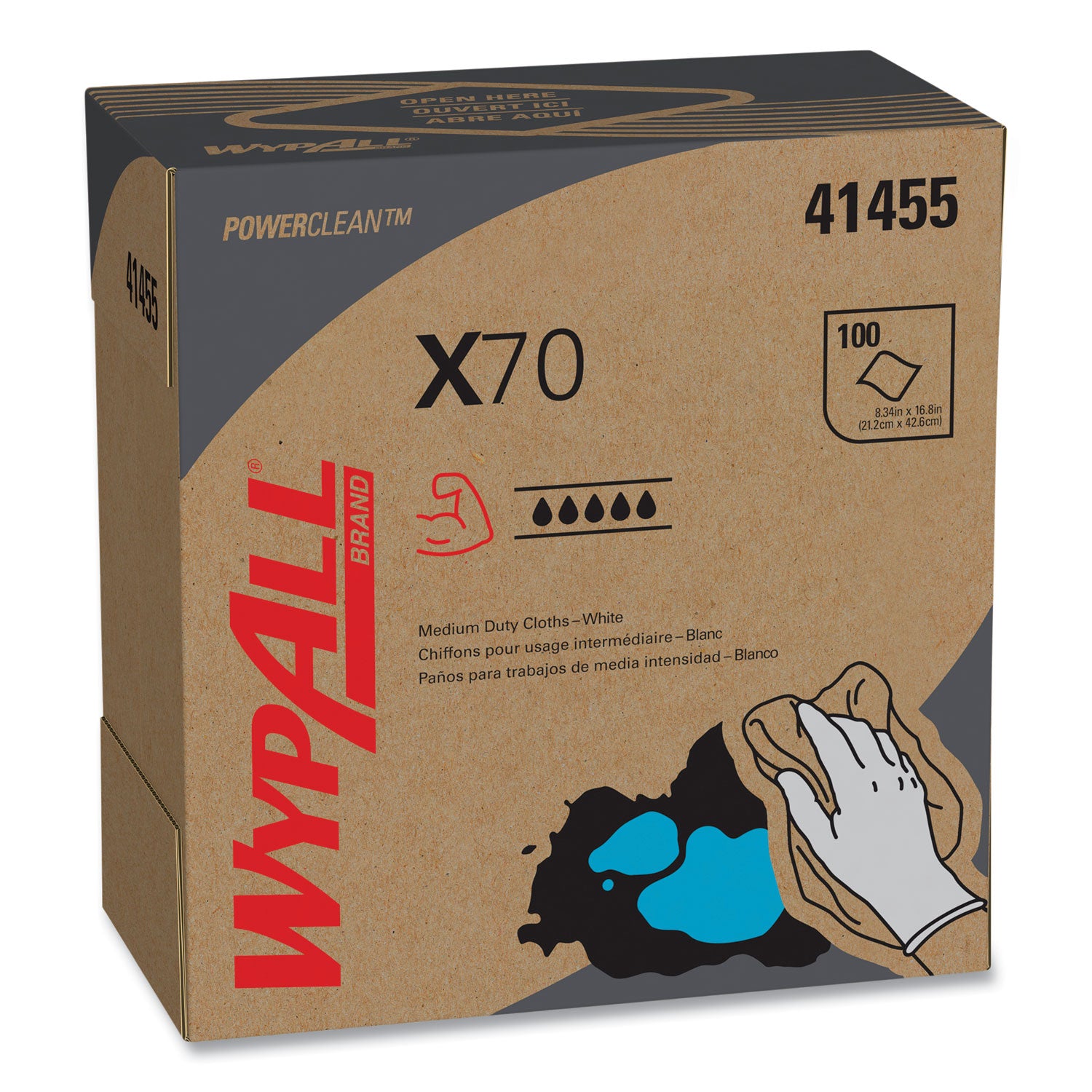 Wypall PowerClean X70 Medium Duty Cloths - Pop-Up Box - 8.34" Width x 16.80" Length - White - Hydroknit/ - 100 / Box