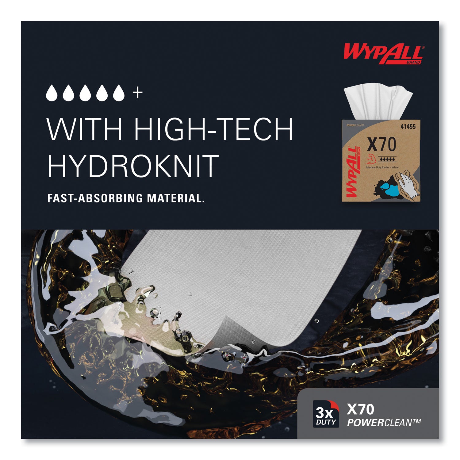 Wypall PowerClean X70 Medium Duty Cloths - Pop-Up Box - 8.34" Width x 16.80" Length - White - Hydroknit/ - 100 / Box