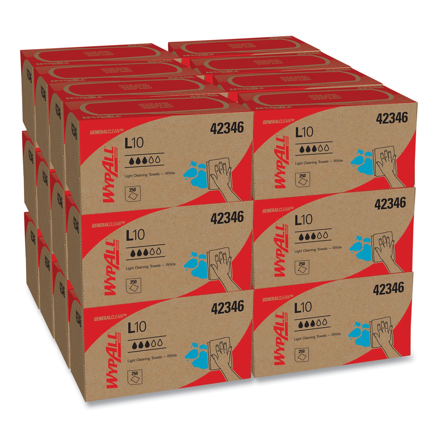 Wypall GeneralClean L10 Light Cleaning Towels, 10.25" x 9", Textured, Absorbent, White, 250 Towels/Box, 24 Boxes/Carton