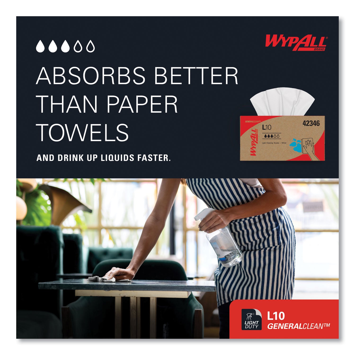 Wypall GeneralClean L10 Light Cleaning Towels, 10.25" x 9", Textured, Absorbent, White, 250 Towels/Box, 24 Boxes/Carton
