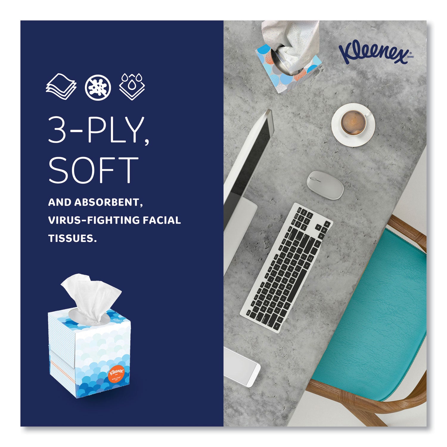 Kleenex Professional Anti-Viral Facial Tissue - 3 Ply - 8.20" Width x 8.20" Length - White - Paper - 55/Box - 3 / Pack