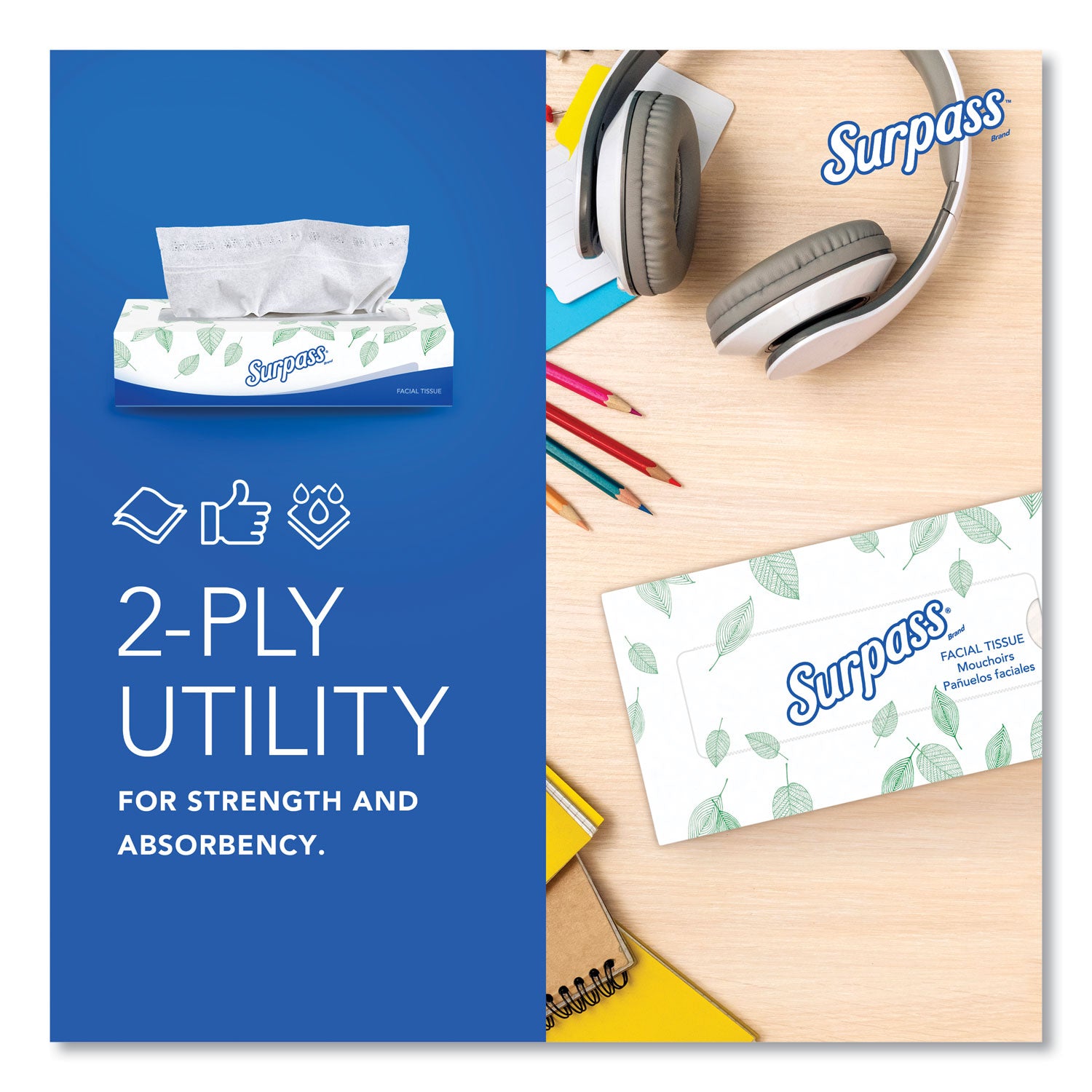 Surpass Flat Box Facial Tissue for Business - 2 Ply - 8" Width x 8.30" Length - White - 125/Box - 1 Carton