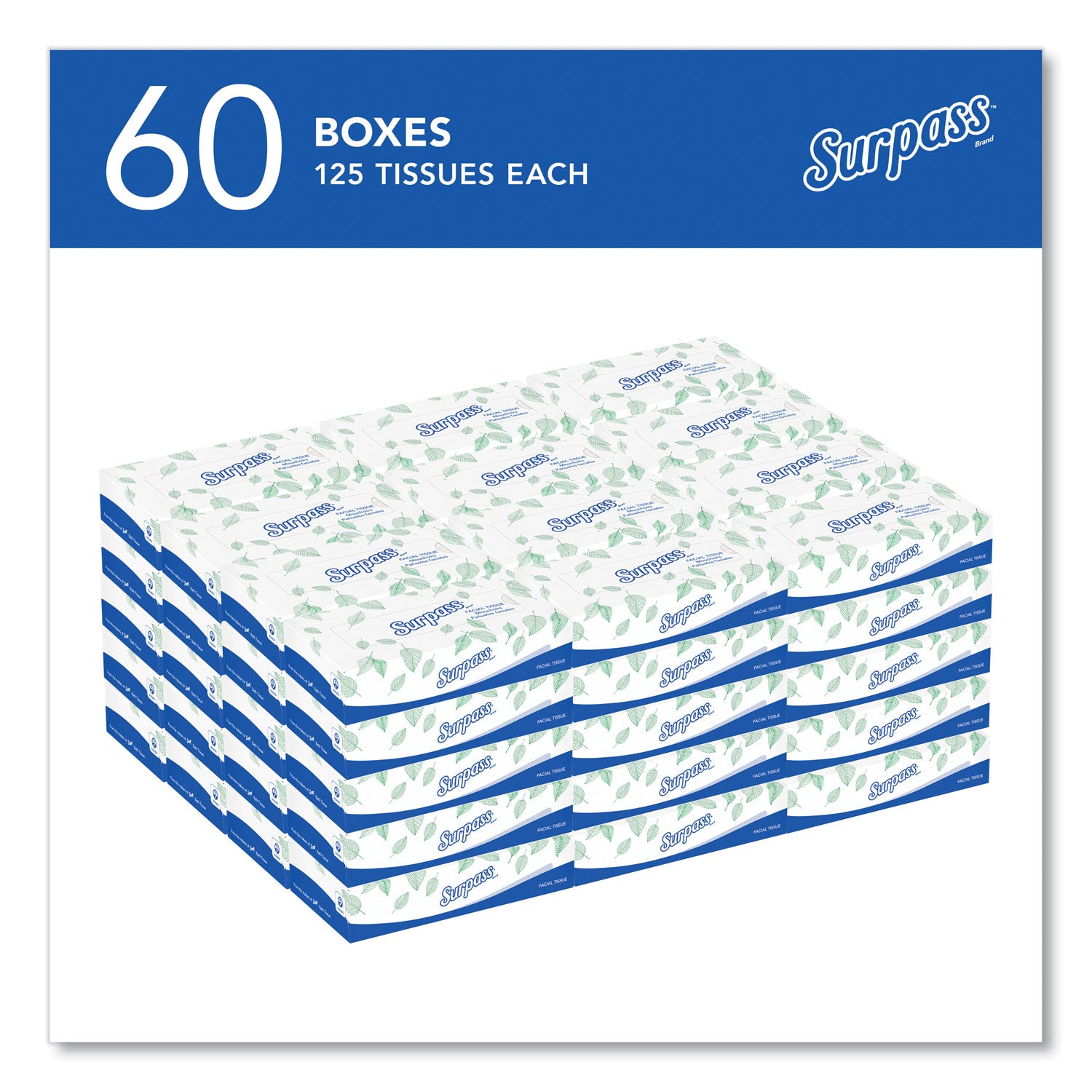 Surpass Flat Box Facial Tissue for Business - 2 Ply - 8" Width x 8.30" Length - White - 125/Box - 1 Carton