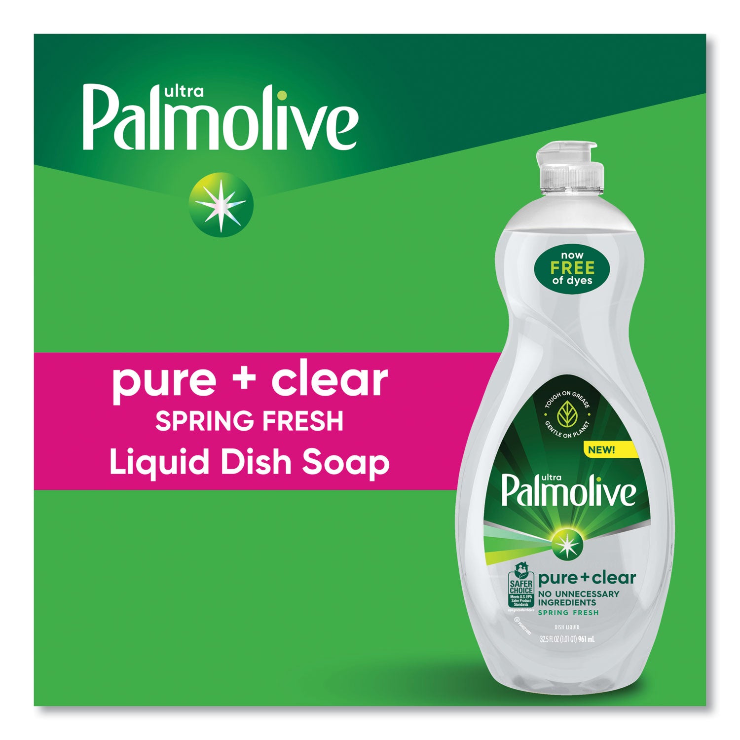 Pure + Clear Dishwashing Liquid, Spring Fresh, 32.5 oz Bottle, 9/Carton
