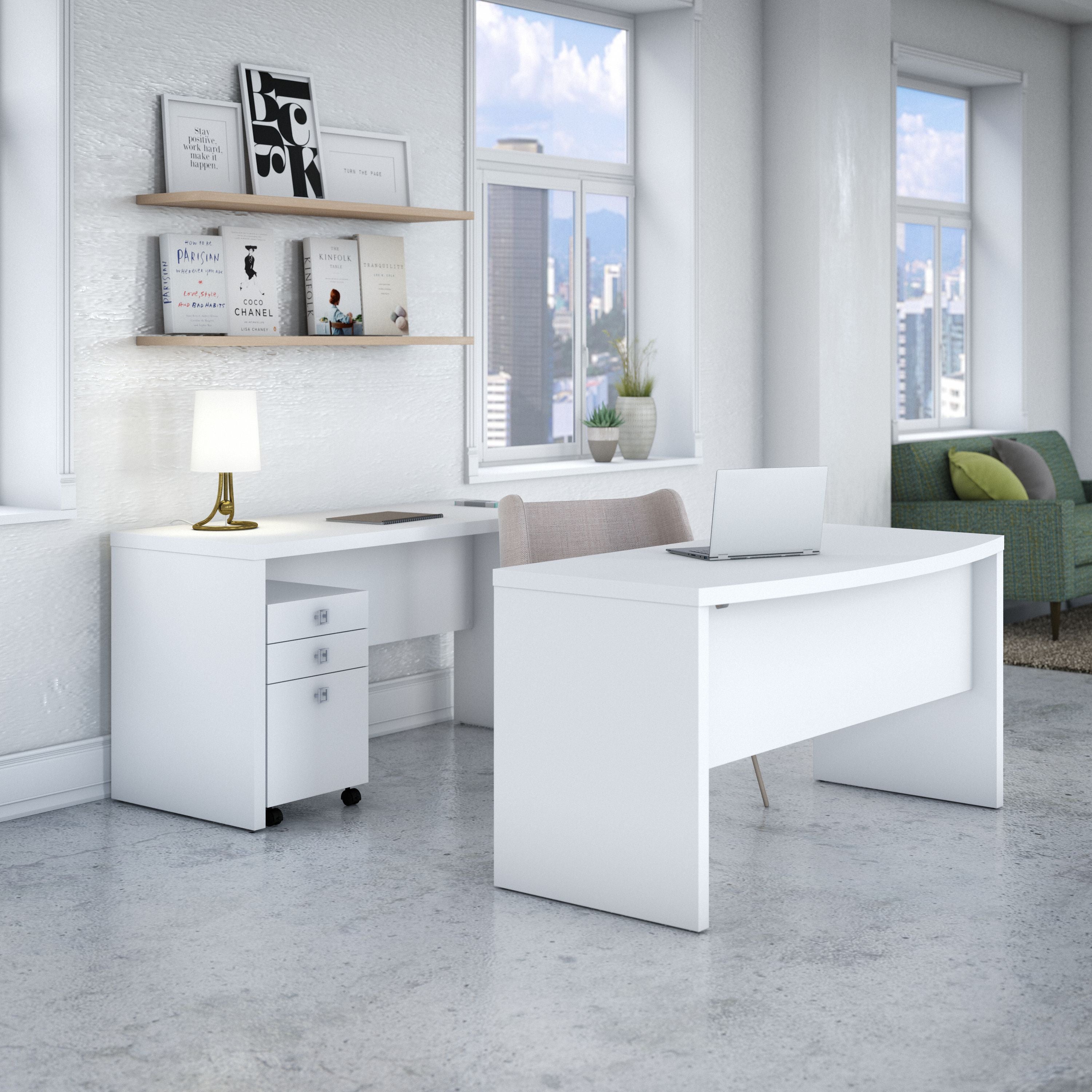 Bush Business Furniture Echo Bow Front Desk and Credenza with Mobile File Cabinet in Pure White - 60" Width x 87.73" Depth x 30" Height