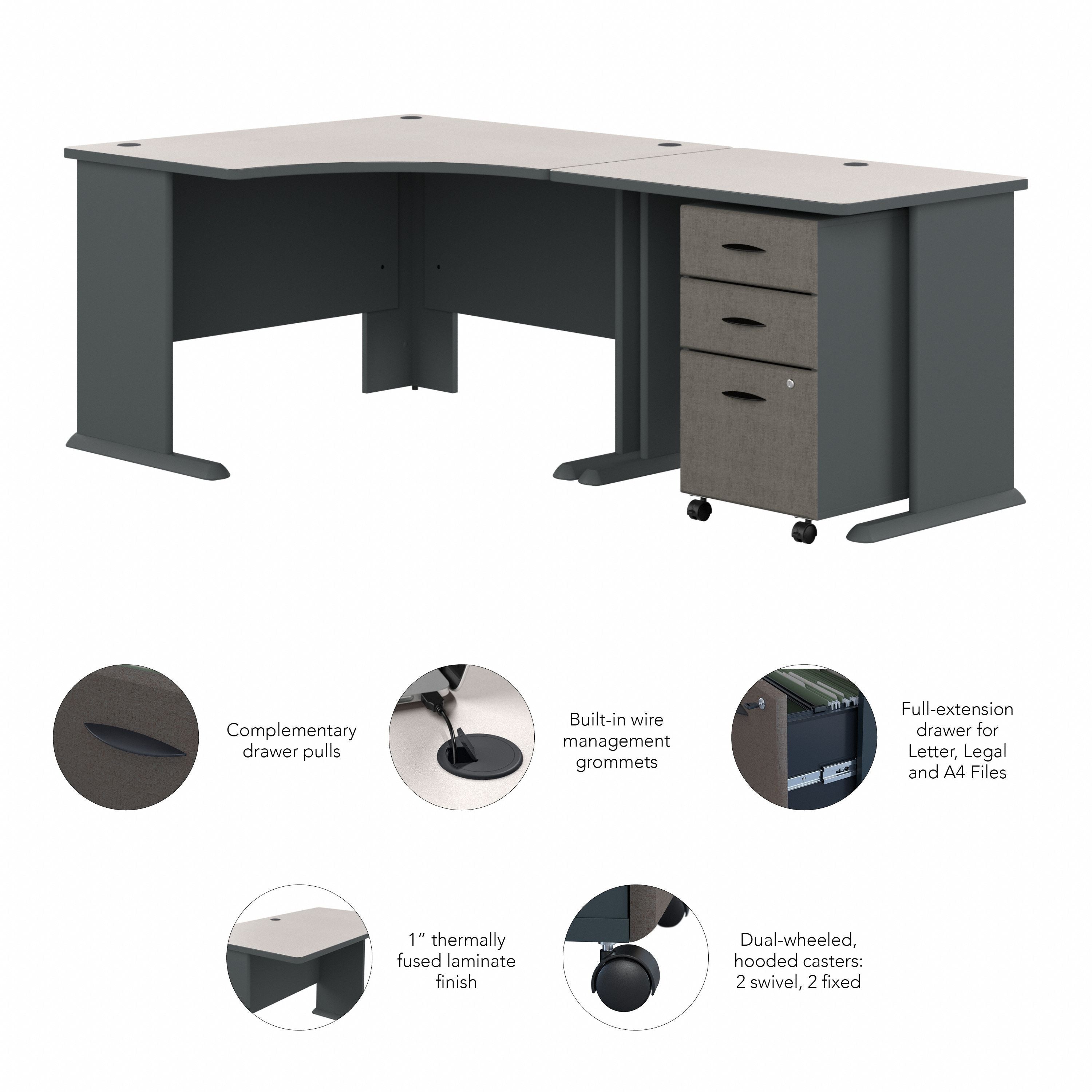 Bush Business Furniture Series A 48W Corner Desk with 36W Return and Mobile File Cabinet in Slate and White Spectrum - 82.76" Width x 47.17" Depth x 29.66" Height