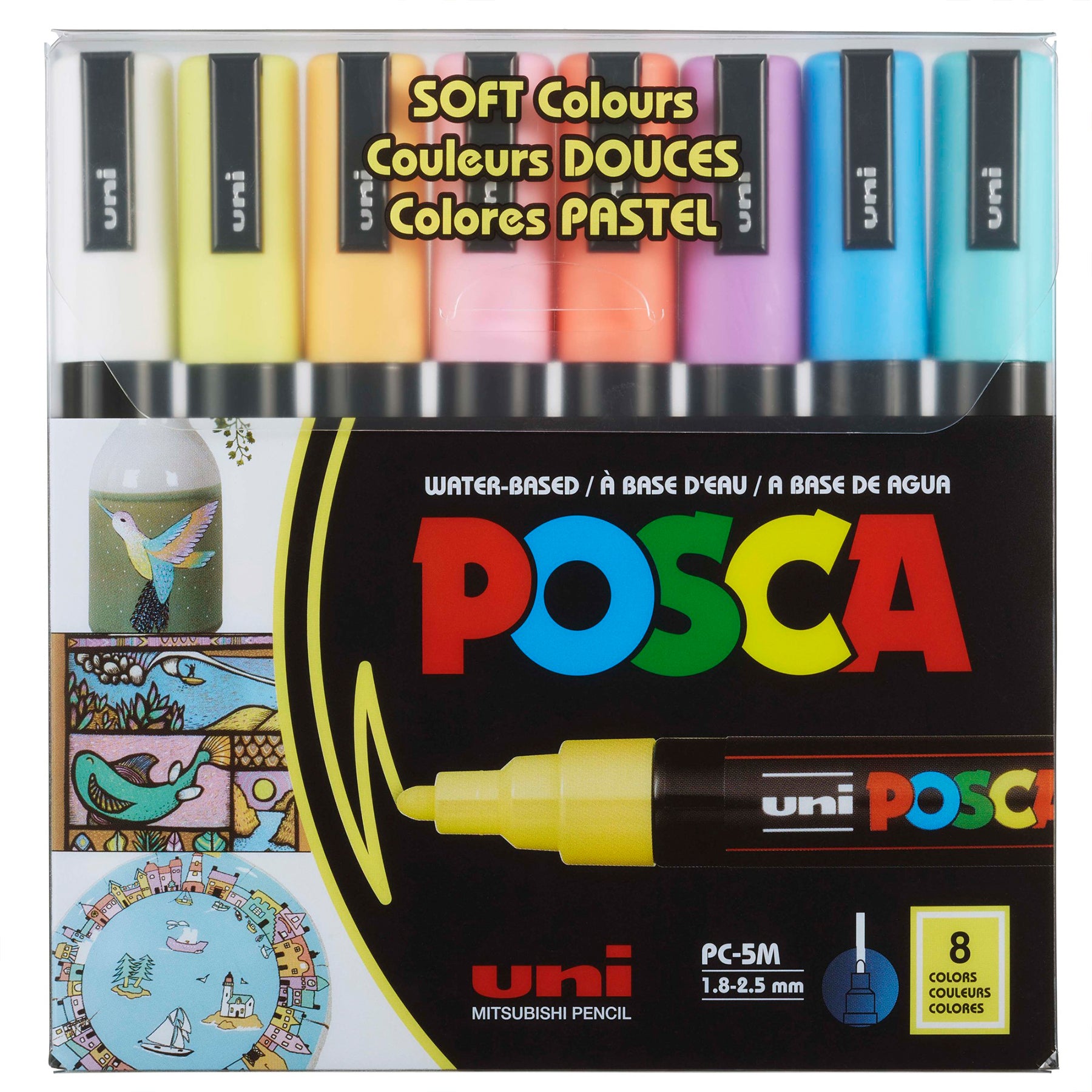 uni® POSCA PC-5M Soft Colors Water-Based Paint Markers, Reversible Medium Tip (1.8-2.5mm), Assorted Colors, 8 Pack