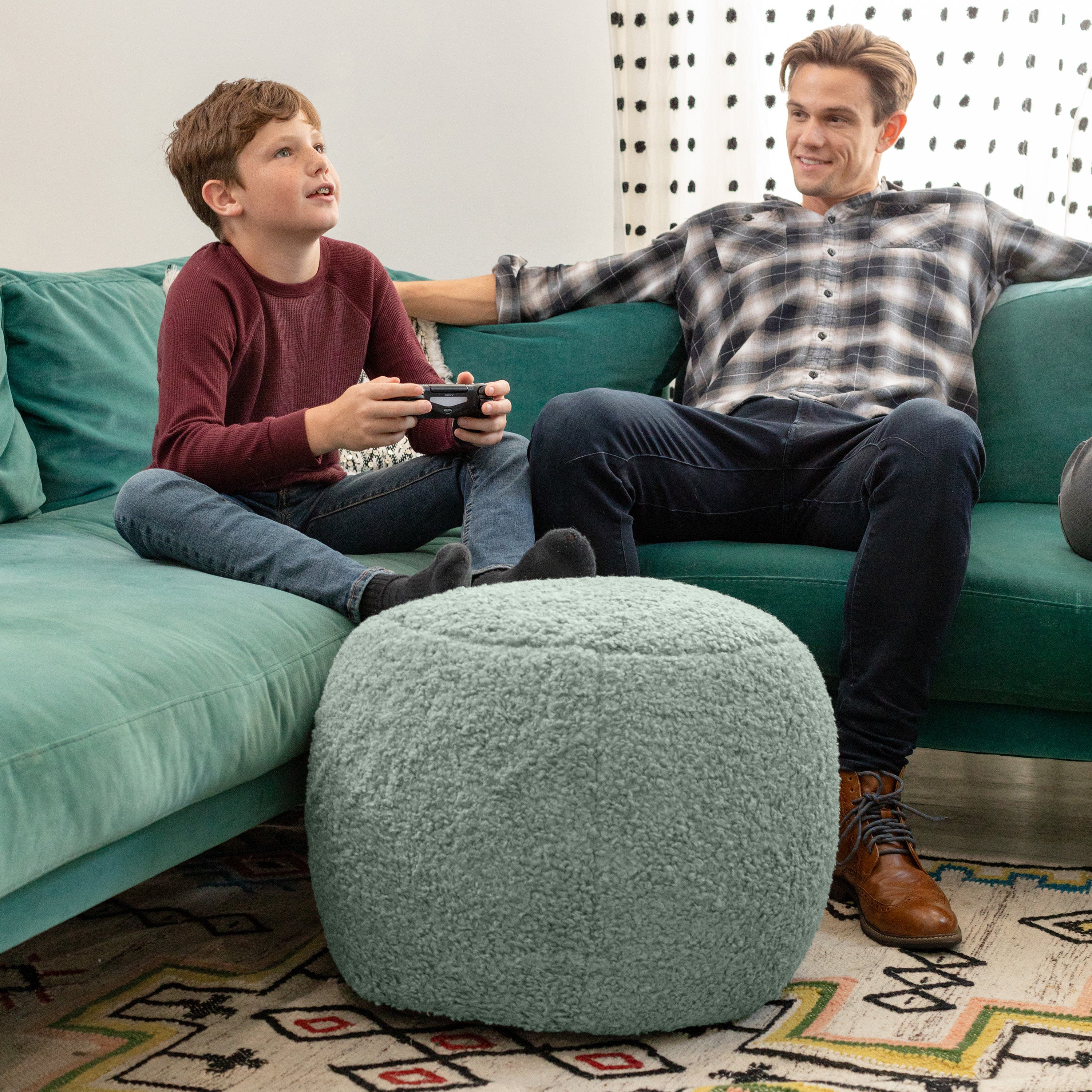 Jaxx Ellis Ottoman Shearling Faux-Lamb Plush Pouf for Modern Interior Design, Small, Mineral Green