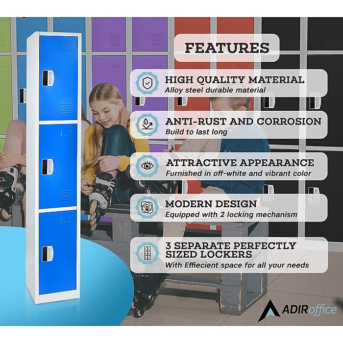72" H x 12" W  Triple Tier Steel Storage Locker with Digital Lock, Blue