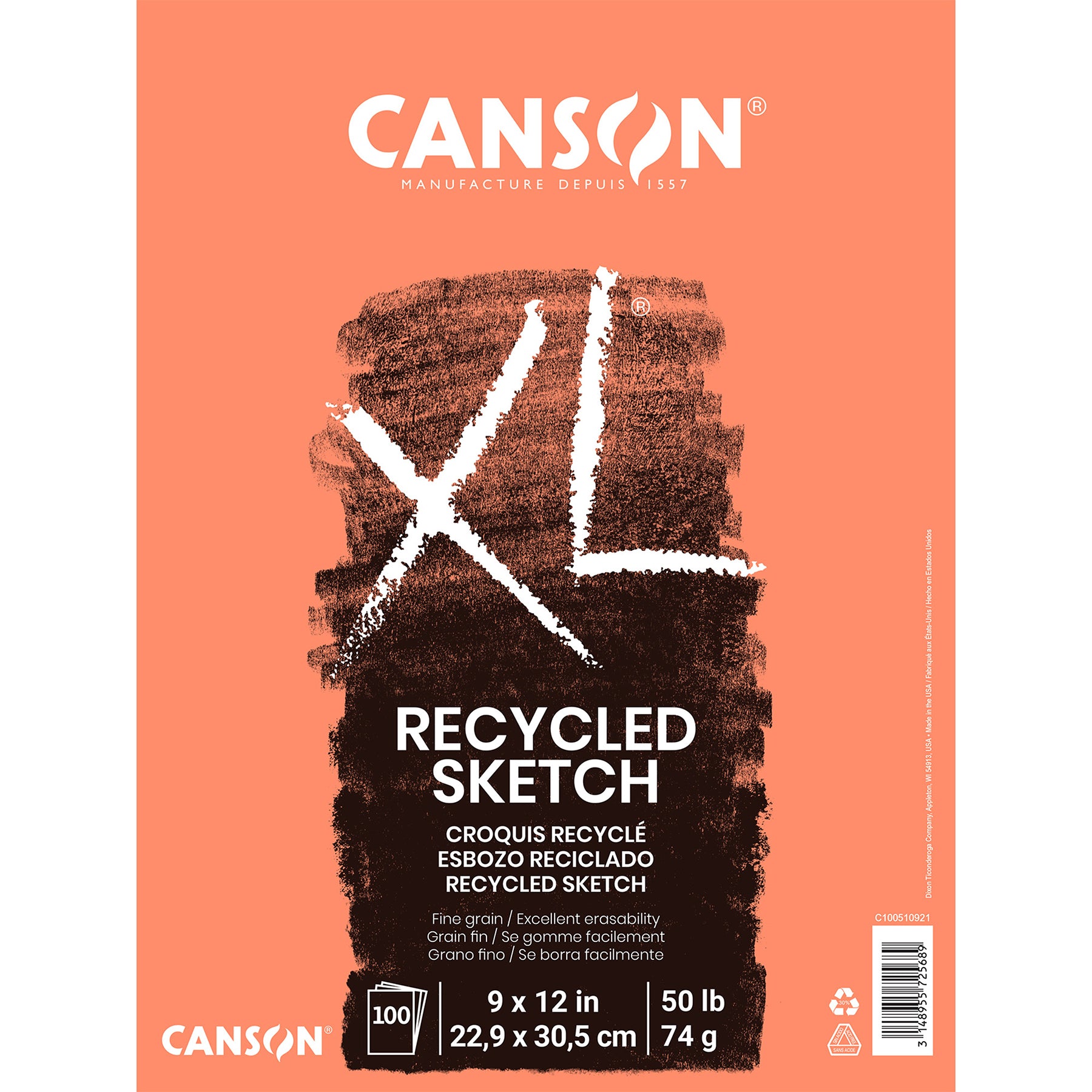 XL Series Sketch Pad, Recycled, Foldover Binding, 100 Sheet, 9x12 inch, 1 Count