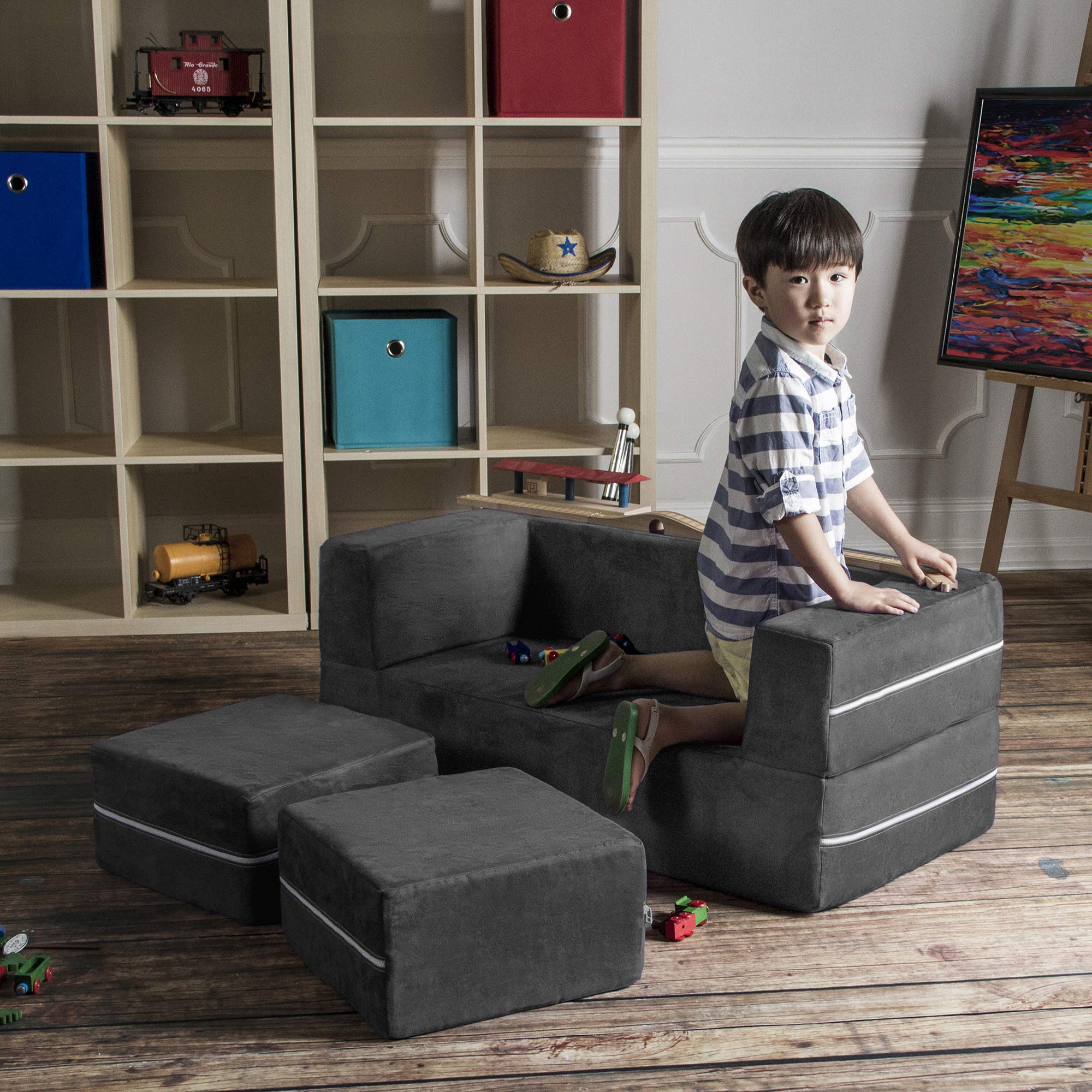 Jaxx Zipline Kids Modular Loveseat & Ottomans/Fold Out Lounger, Charcoal