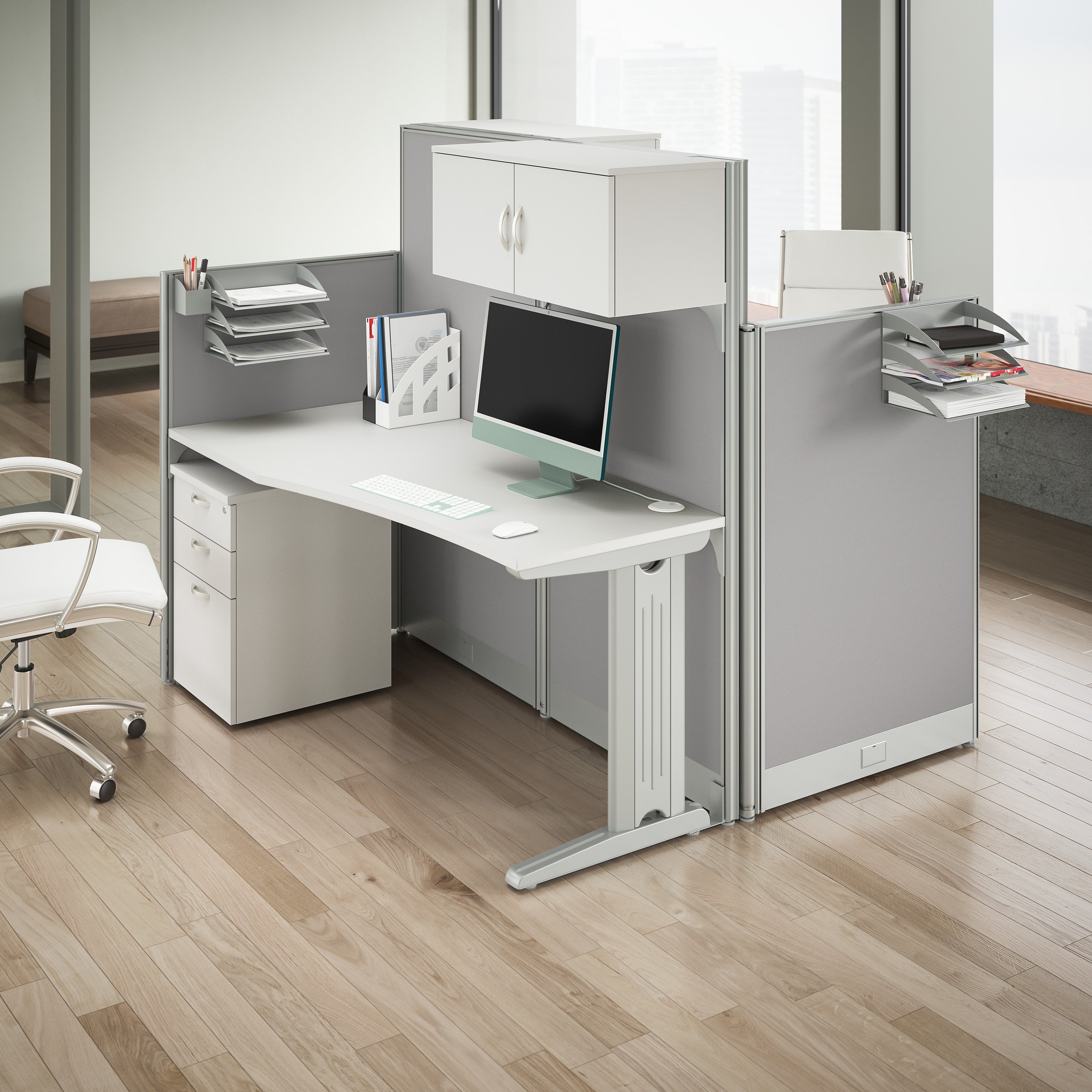 Bush Business Furniture Office in an Hour 2 Person Straight Cubicle Desks with Storage, Drawers, and Organizers in Pure White - 128.97" Width x 32.24" Depth x 62.86" Height