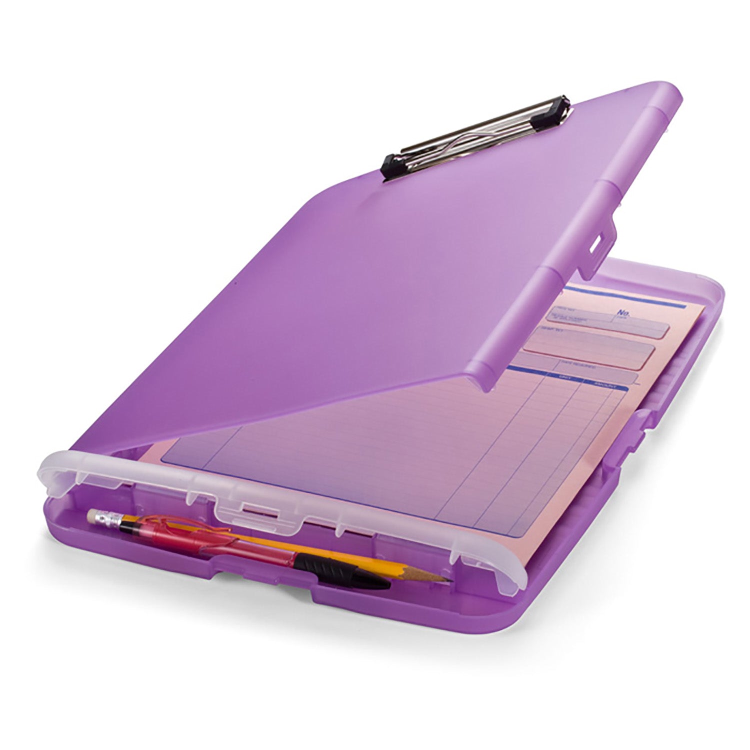Slim Clipboard Storage Box, Low Profile Clip & Storage Compartment, Purple