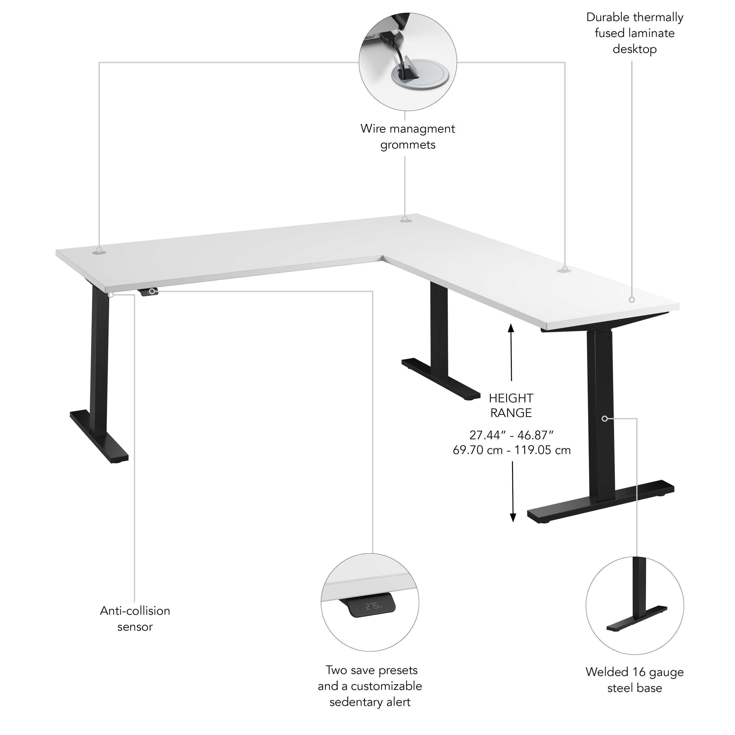 Bush Business Furniture Move 60 Series 72W Height Adjustable L Shaped Standing Desk in White with Black Base - 71.02" Width x 76.97" Depth x 27.44" Height