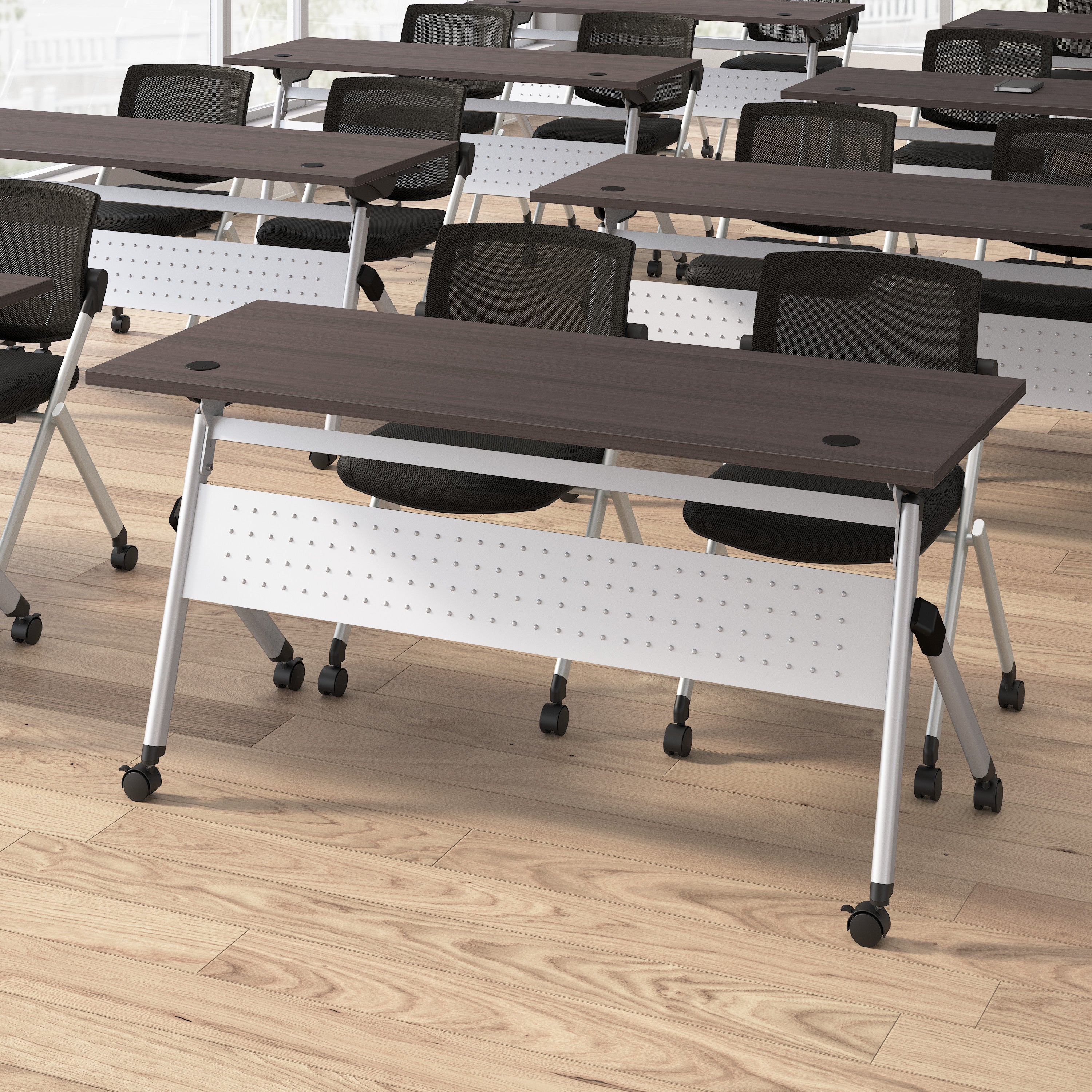 Bush Business Furniture Envision 60W Folding Training Table with Powered Grommets and 2 Chairs in Storm Gray - 59.45" Width x 23.54" Depth x 32.87" Height