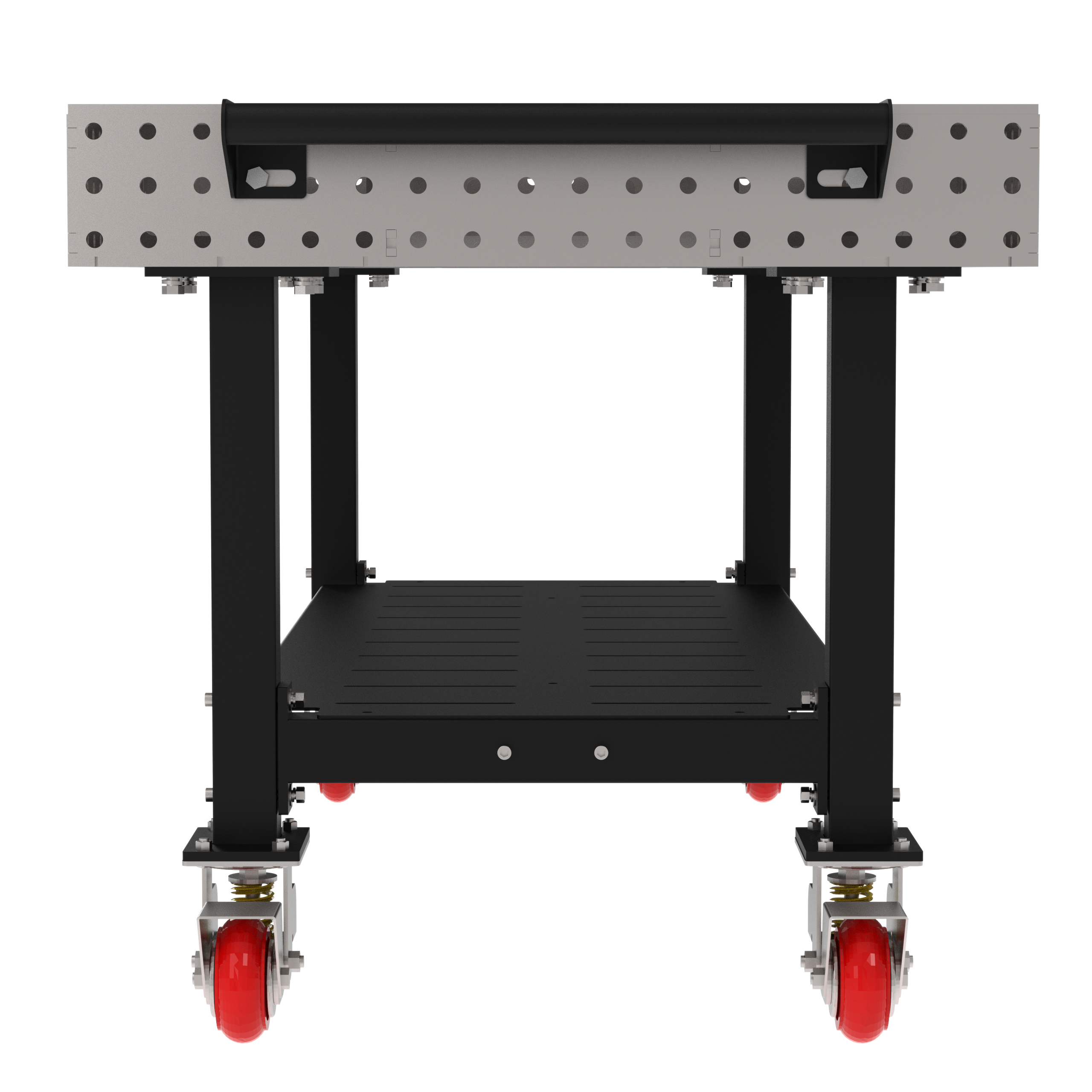 Welding Fixture Table, Fixed Height, 36"H x 72"L x 36"D, 1/4" Carbon Steel Top, Four Black Powdercoat Legs, Shelf, Handle, 4 Heavy Duty Suspension Casters (2 Locking/Swiveling Casters and 2 Non-Locking/Non-SwivelingCasters)