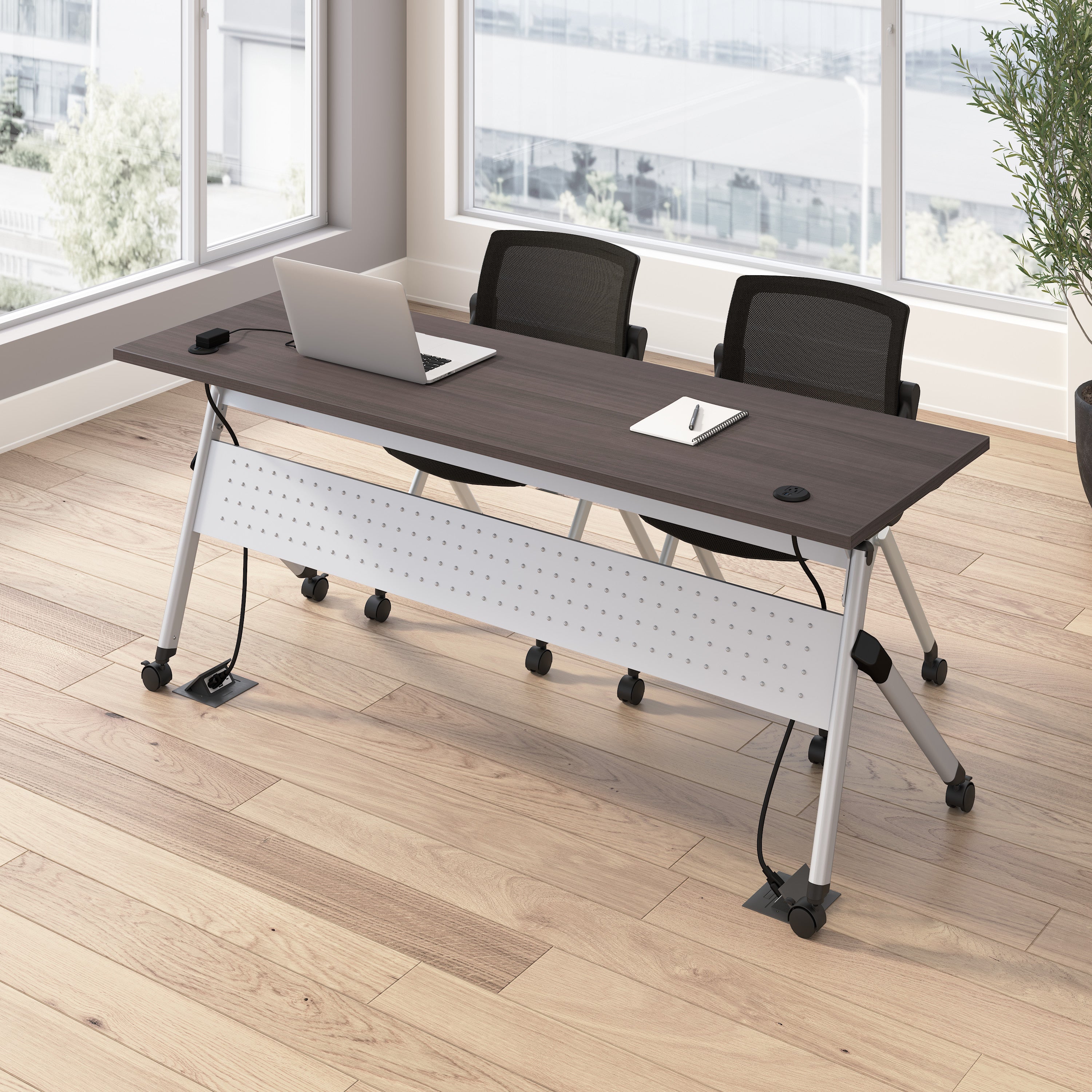 Bush Business Furniture Envision 72W Folding Training Table with Powered Grommets and 2 Chairs in Storm Gray - 71.02" Width x 23.54" Depth x 32.87" Height
