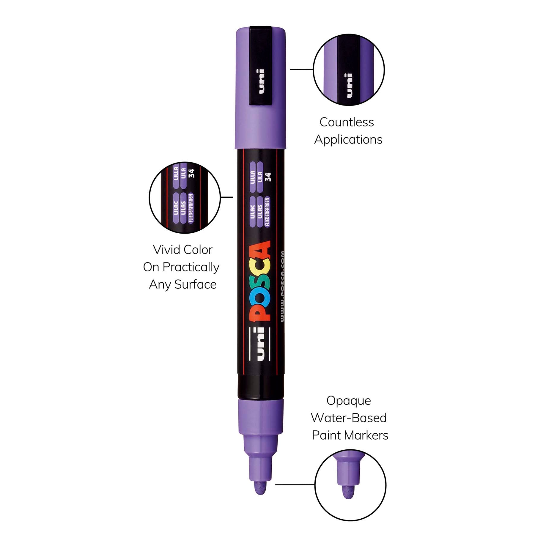 uni® POSCA PC-5M Water-Based Paint Markers, Reversible Medium Tip (1.8-2.5mm), Lilac