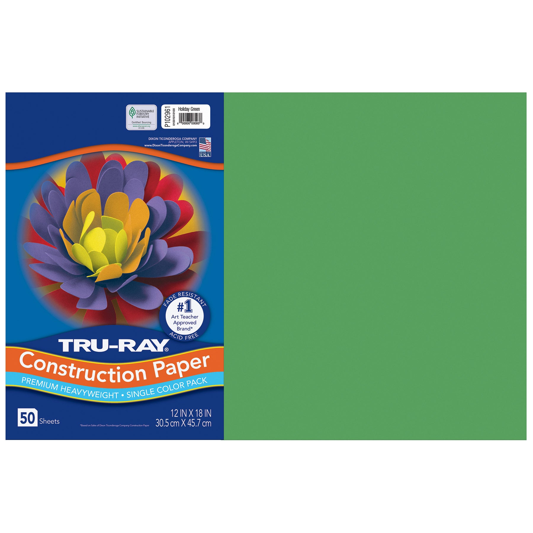 Construction Paper, Heavyweight, Holiday Green, 12" x 18", 50 Sheets