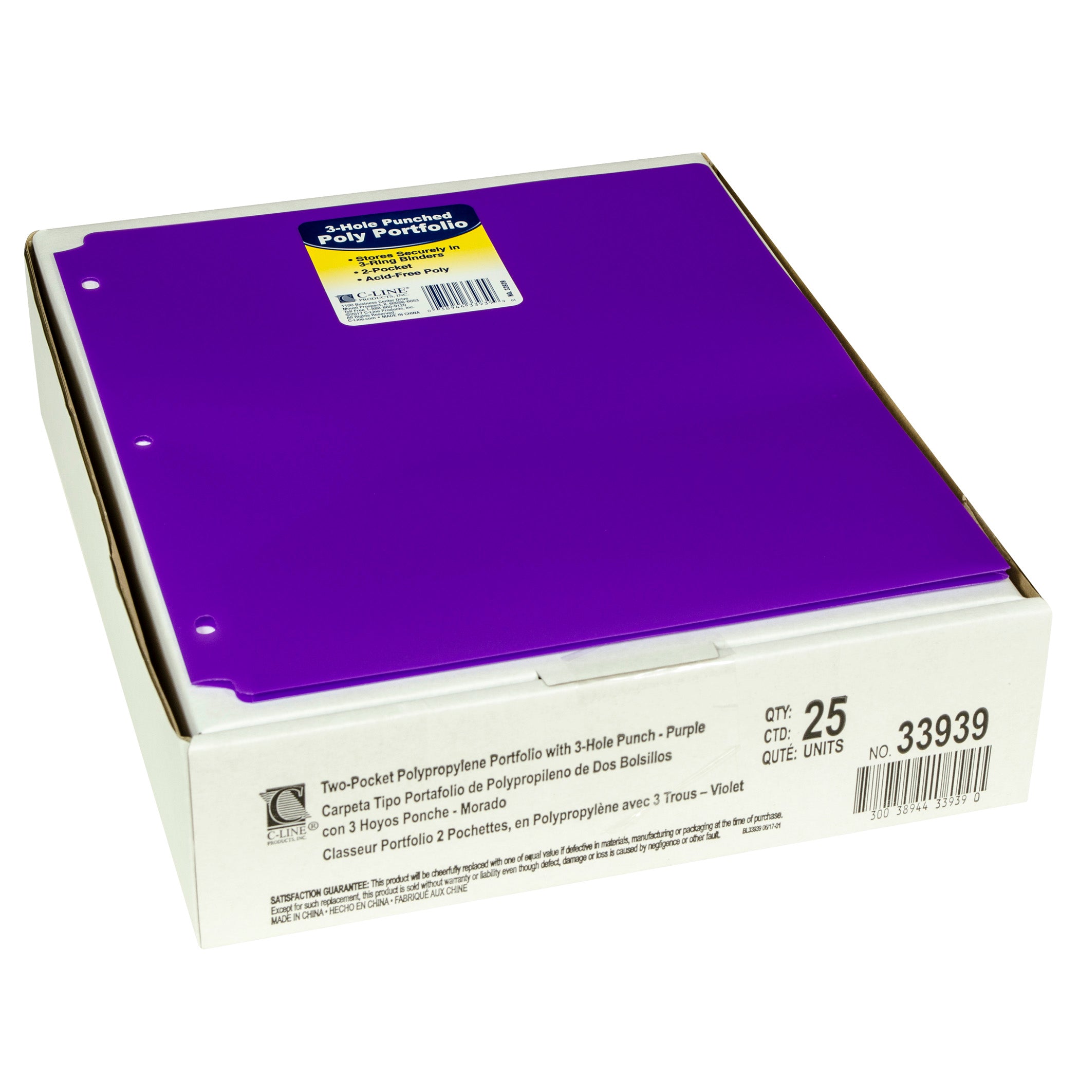 Two-Pocket Heavyweight Poly Portfolio Folder with Three-Hole Punch, Purple, Each