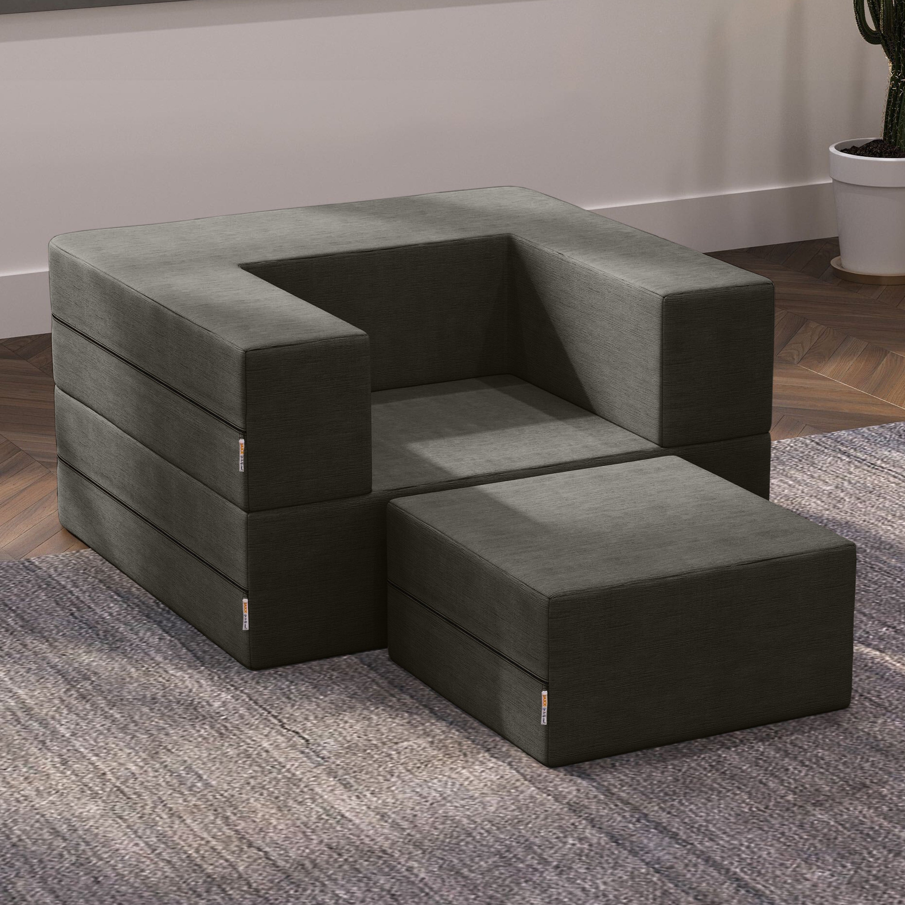 Jaxx Zipline Convertible Sleeper Futon Chair & Ottoman with Machine-Washable Cover, Charcoal