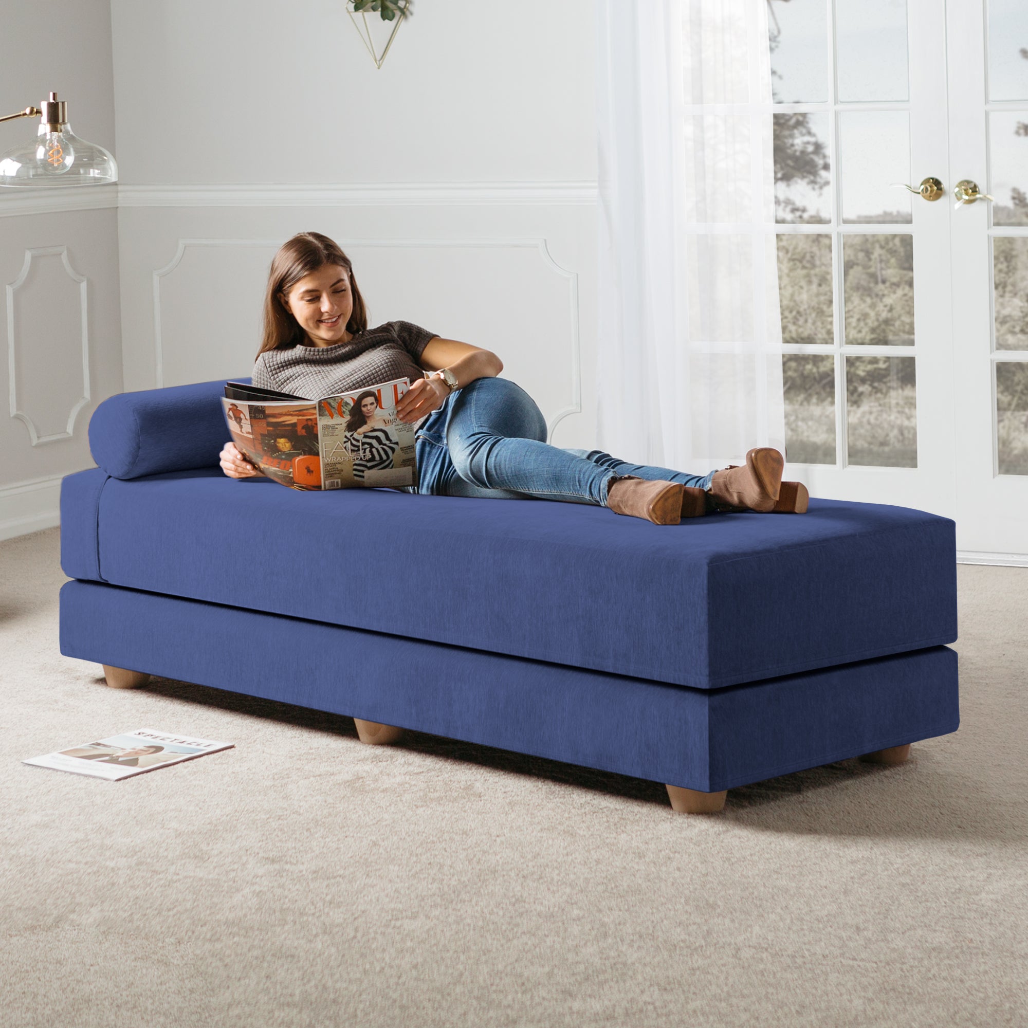 Jaxx Alon Daybed/Fold-Out Sleeper, Queen-Size Mattress - Premium Chenille, Navy