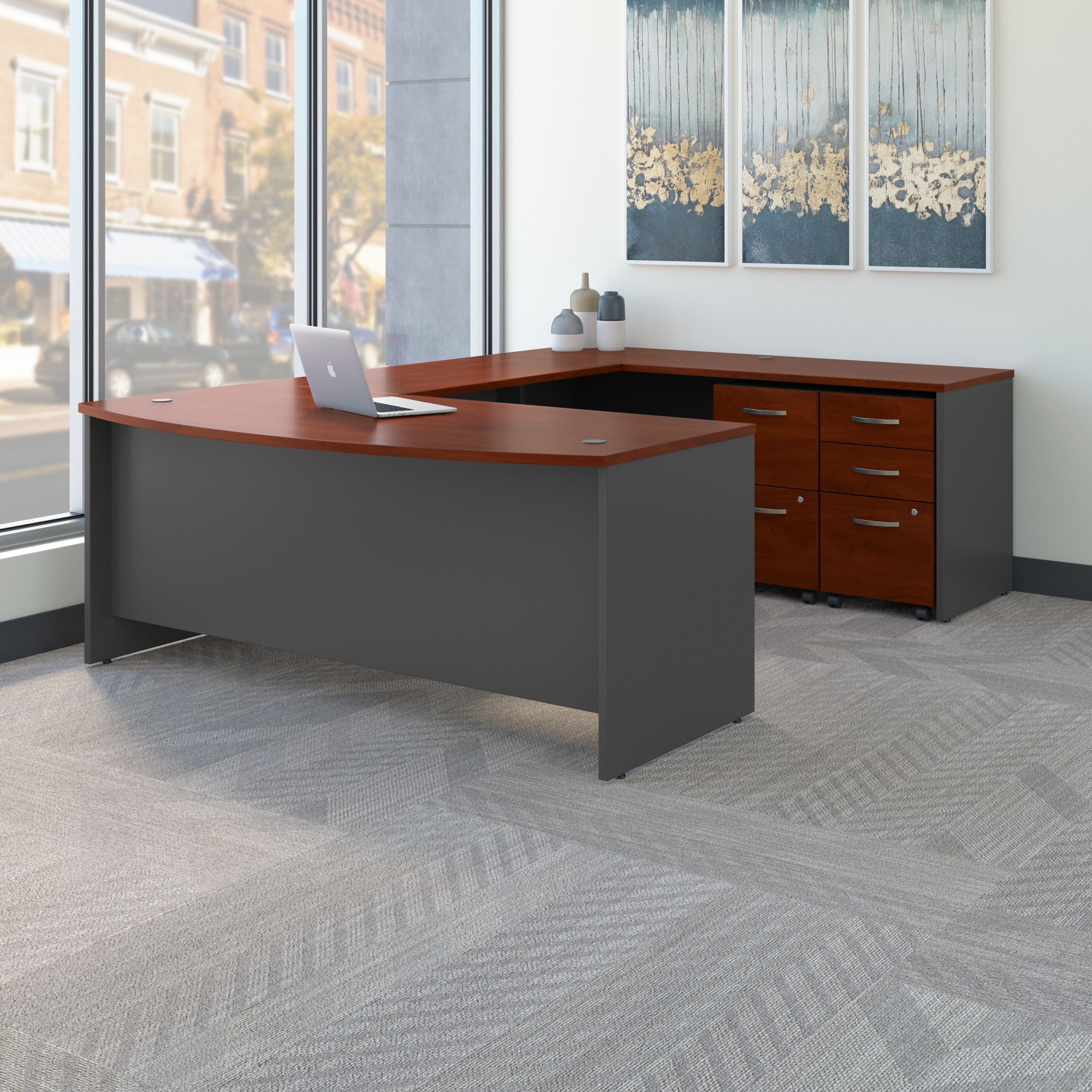 Bush Business Furniture Series C 72W x 36D Bow Front U Shaped Desk with Mobile File Cabinets in Hansen Cherry - 71.1" Width x 107.09" Depth x 29.76" Height