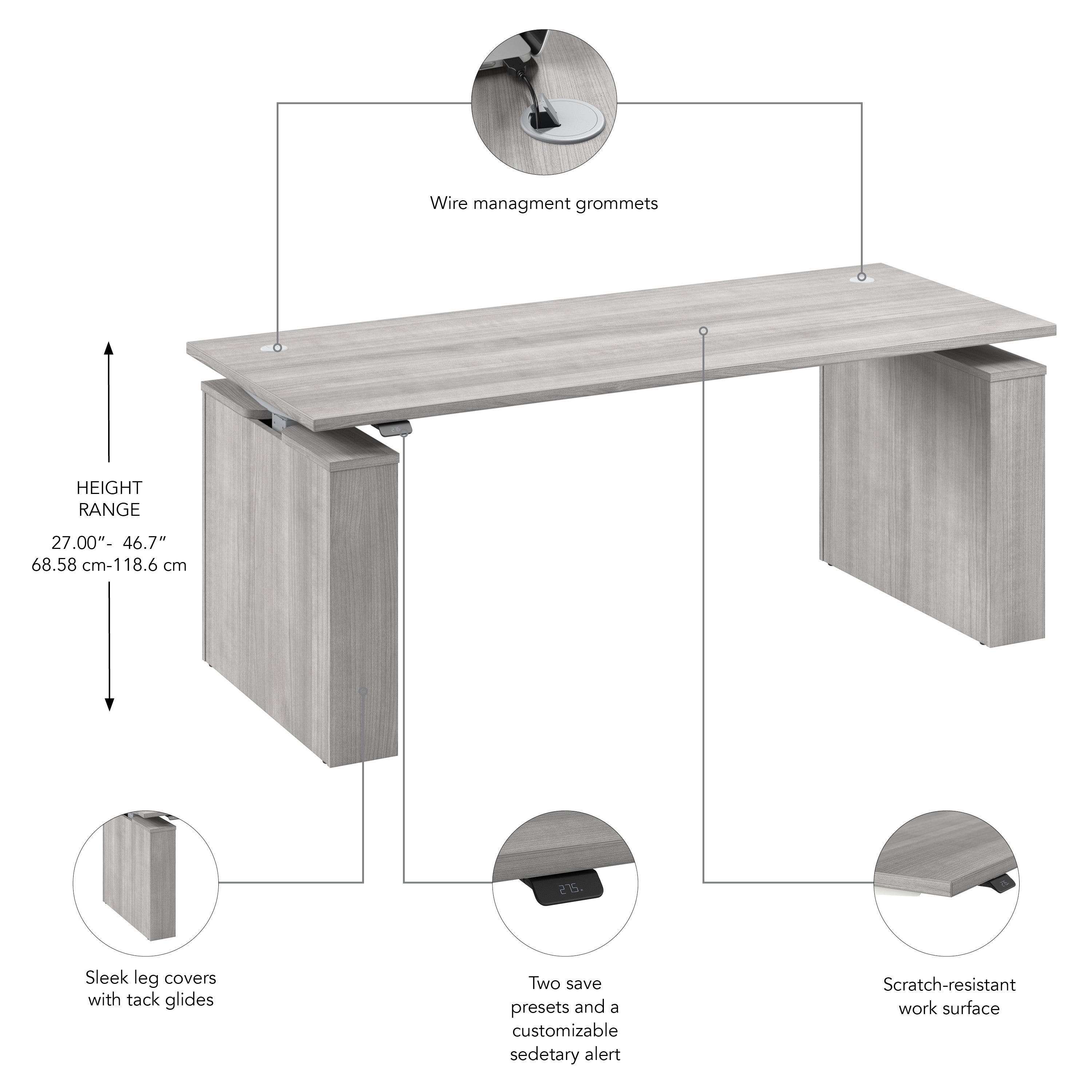 Bush Business Furniture Stratus&nbsp;72W x&nbsp;30D Electric Height Adjustable Standing Desk in Platinum Gray with Metallic Gray Base - 71.02" Width x 29.37" Depth x 27.44" Height