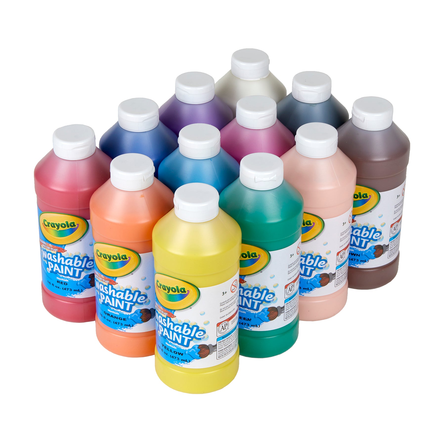 Washable Paint, Assorted Colors, 16 oz, 12 Count
