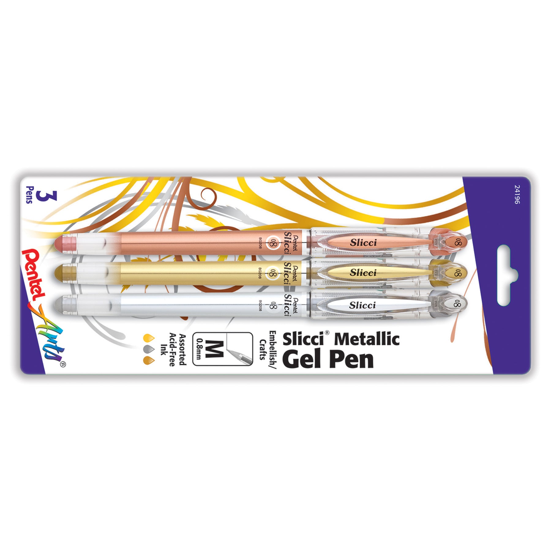 Slicci Metallic Gel Pen, Med 0.8mm Needle Tip, Assorted Ink (E/X/Z), 3 Pack