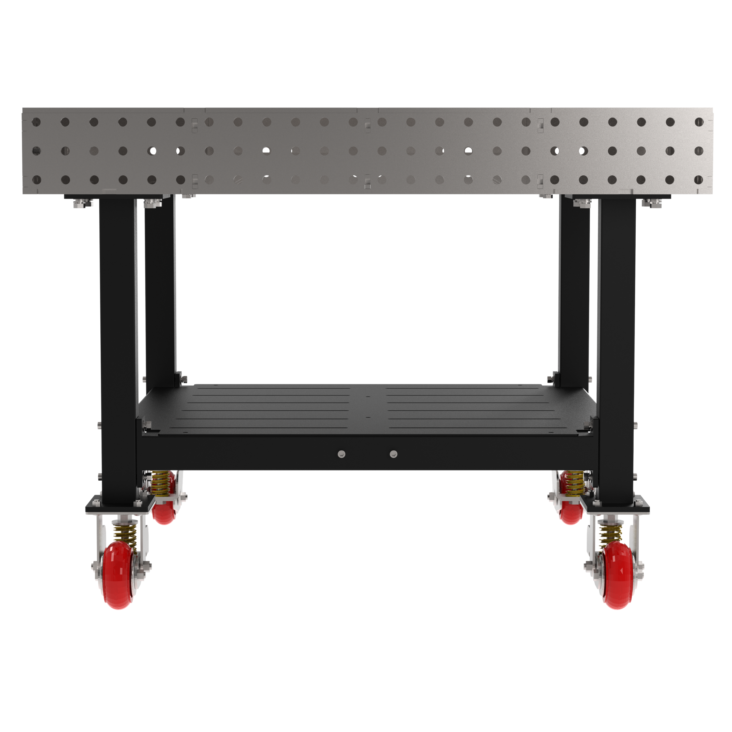 Welding Fixture Table, Fixed Height, 36"H x 48"L x 48"D, 1/4" Carbon Steel Top, Four Black Powdercoat Legs, Shelf, 4 Heavy Duty Suspension Casters (2 Locking/Swiveling Casters and 2 Non-Locking/Non-SwivelingCasters)