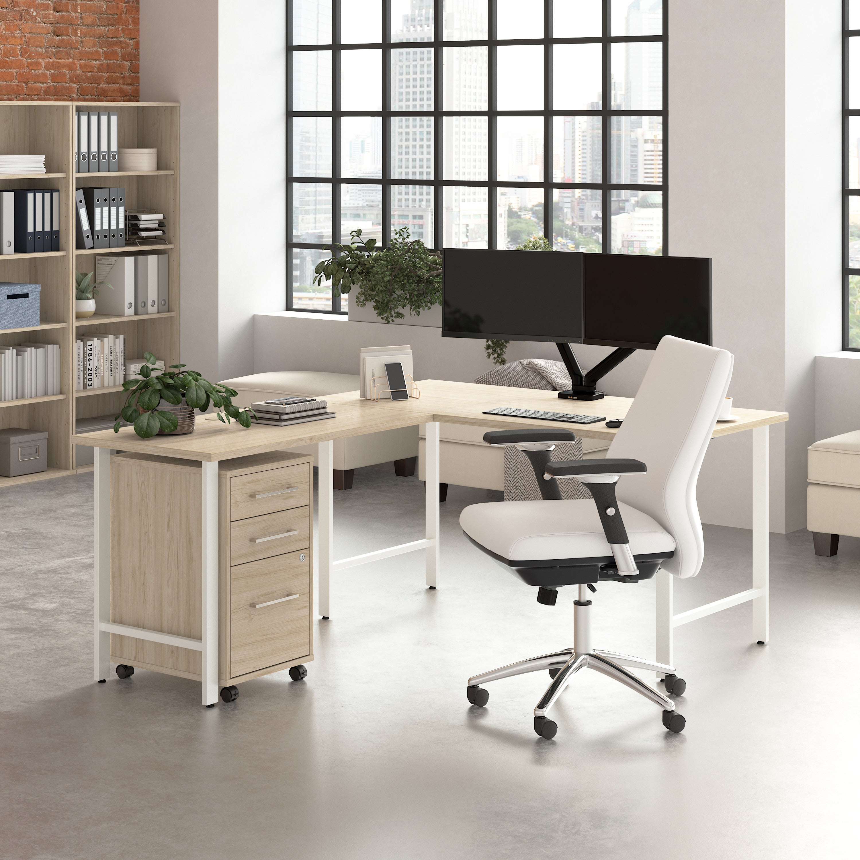 Bush Business Furniture Hustle 60W x 30D L Shaped Computer Desk with 3 Drawer Mobile File Cabinet in Natural Elm - 59.44" Width x 71.33" Depth x 30.07" Height