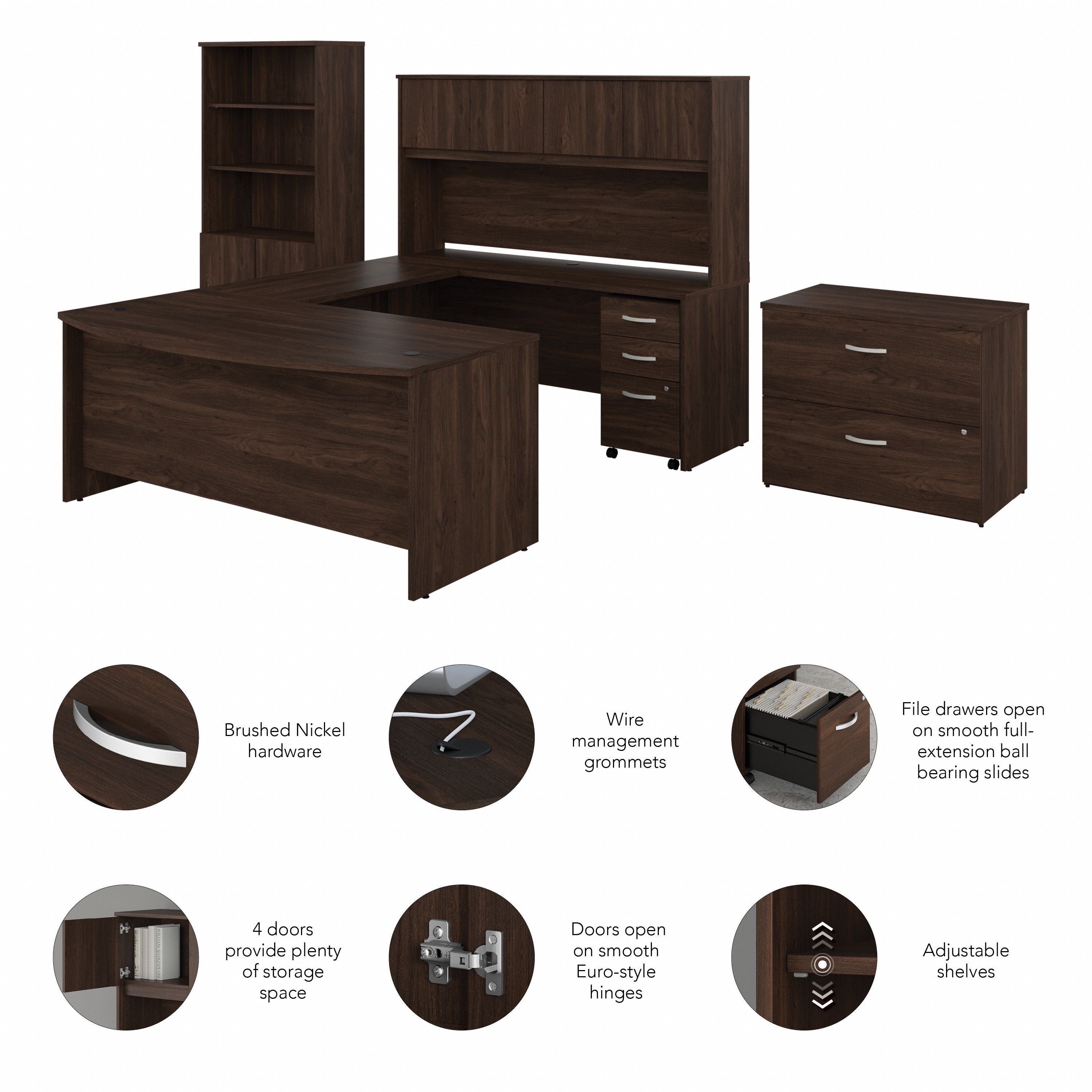 Bush Business Furniture Studio C 72W x 36D U Shaped Desk with Hutch, Bookcase and File Cabinets in Black Walnut - 71.02" Width x 100.43" Depth x 72.8" Height