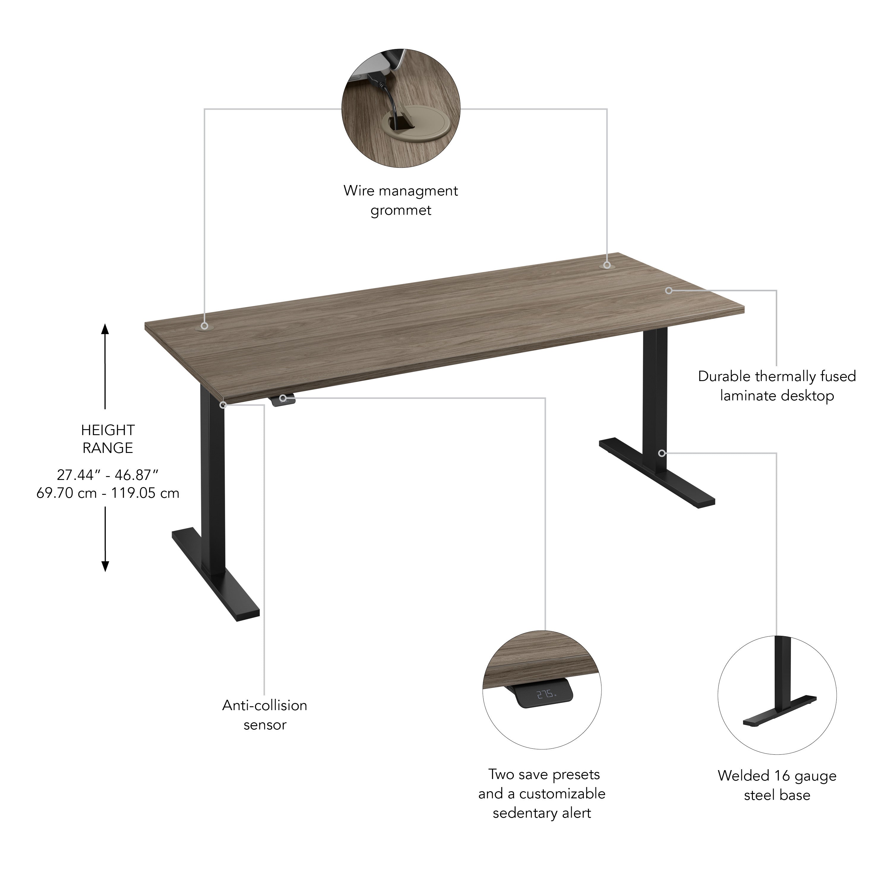 Bush Business Furniture Move 60 Series 72W x 30D Electric Height Adjustable Standing Desk in Modern Hickory with Black Base - 71.02" Width x 29.37" Depth x 47.69" Height