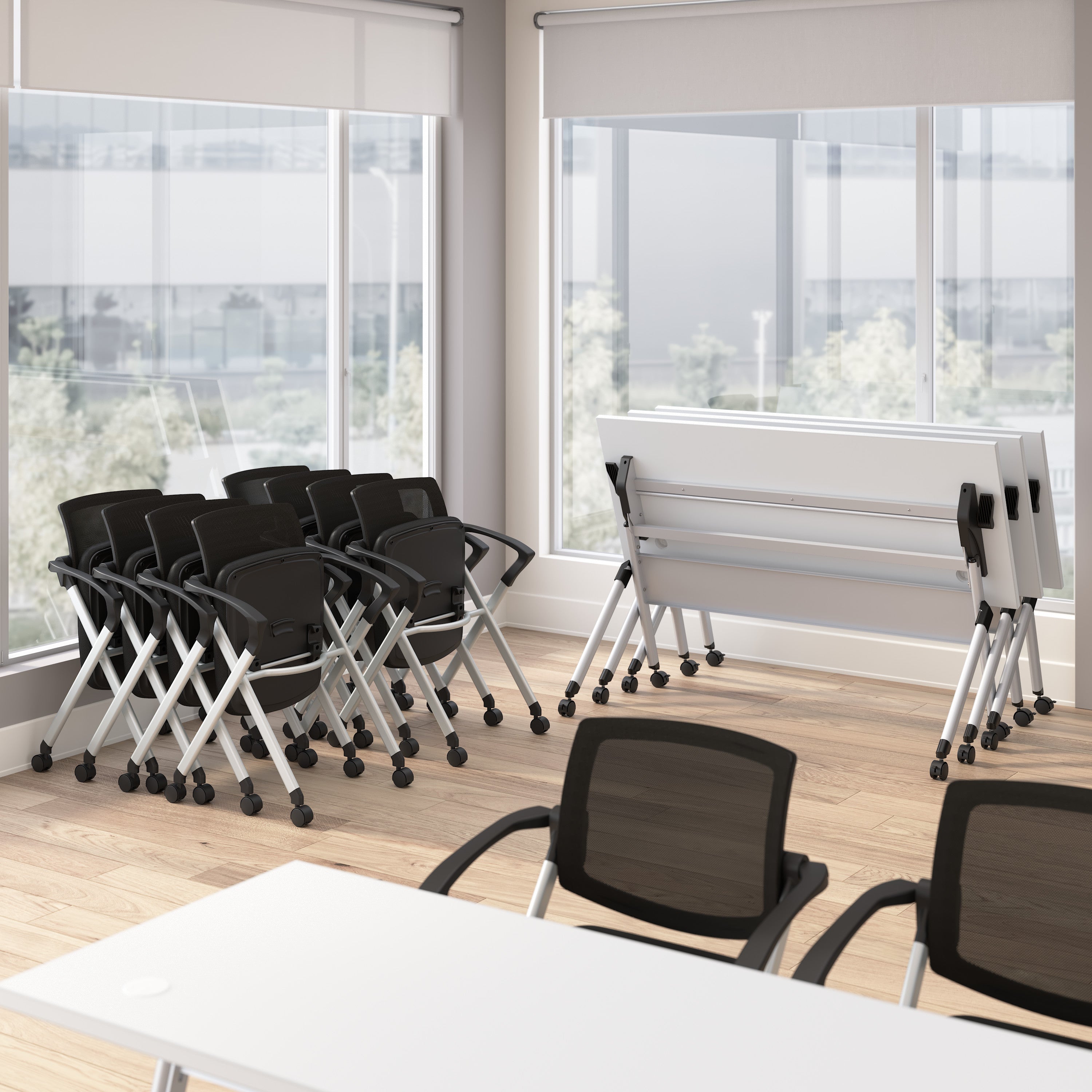 Bush Business Furniture Envision 72W Folding Training Table and 2 Folding Chairs with Arms in White - 71.02" Width x 23.54" Depth x 32.87" Height