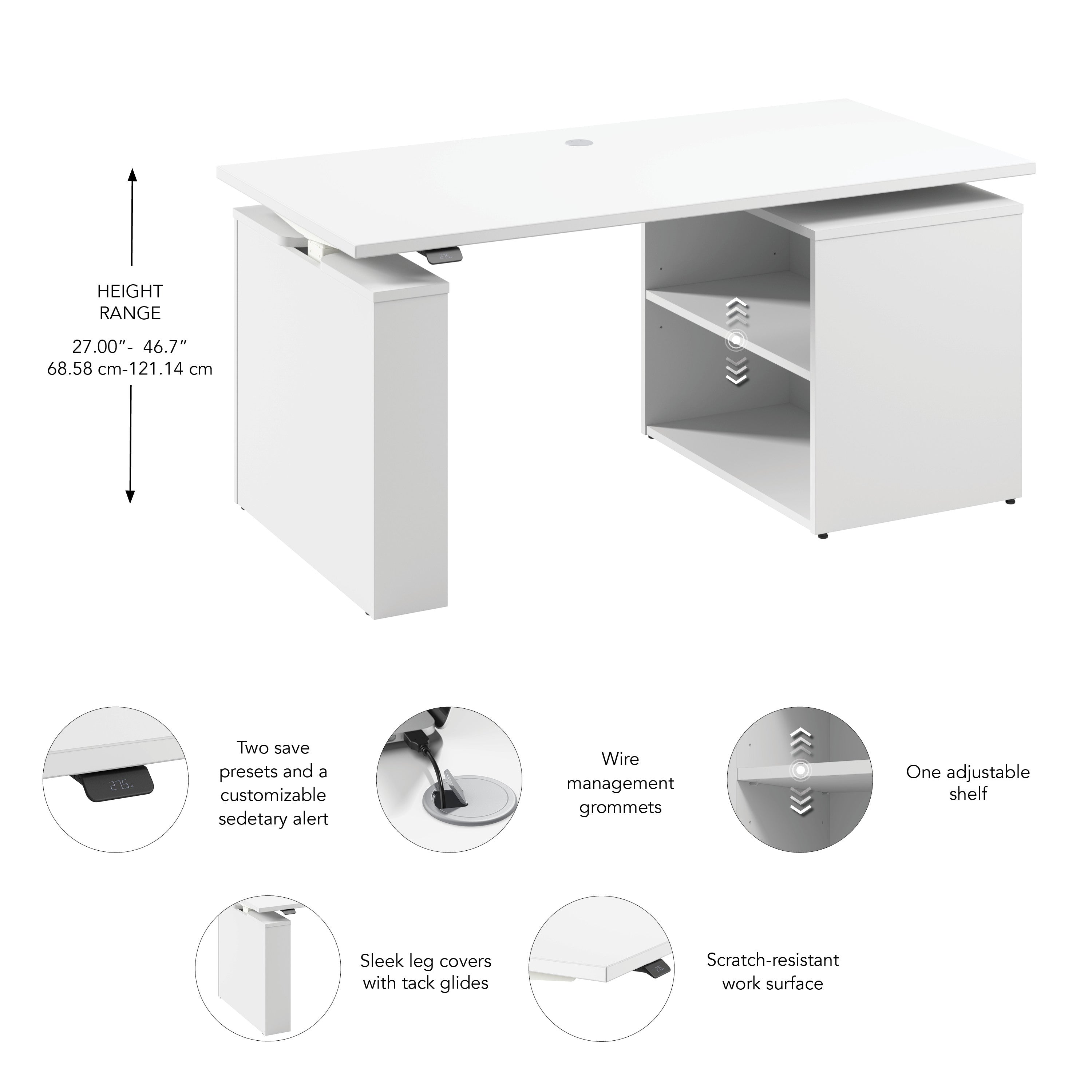 Bush Business Furniture Stratus&nbsp;60W x&nbsp;30D Electric Height Adjustable Standing Desk with Bookcase in White with White Base - 59.45" Width x 29.37" Depth x 27.44" Height