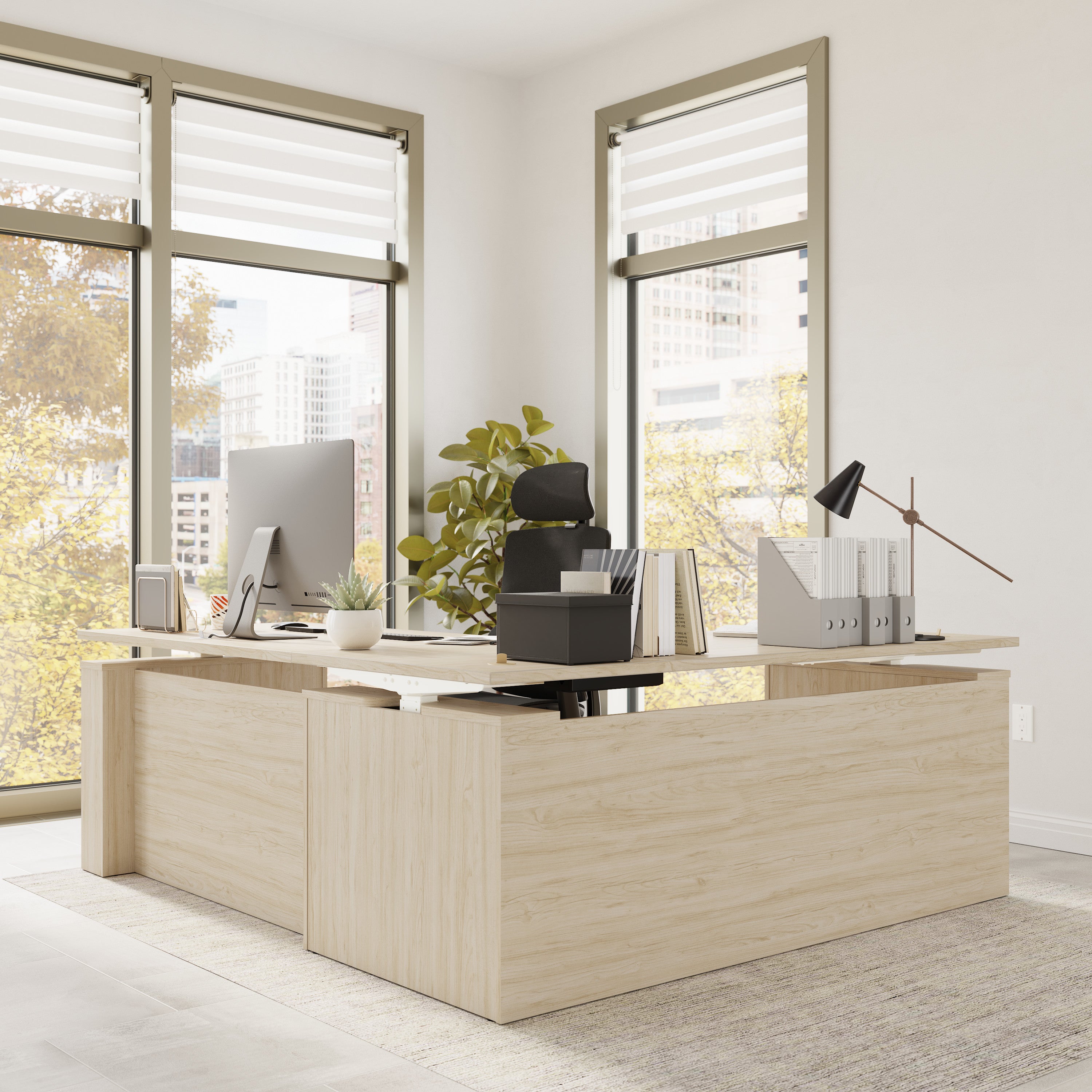 Bush Business Furniture Stratus&nbsp;72W x&nbsp;78D Electric Height Adjustable L Shaped Standing Desk in Natural Elm with White Base - 71.02" Width x 76.97" Depth x 27.44" Height