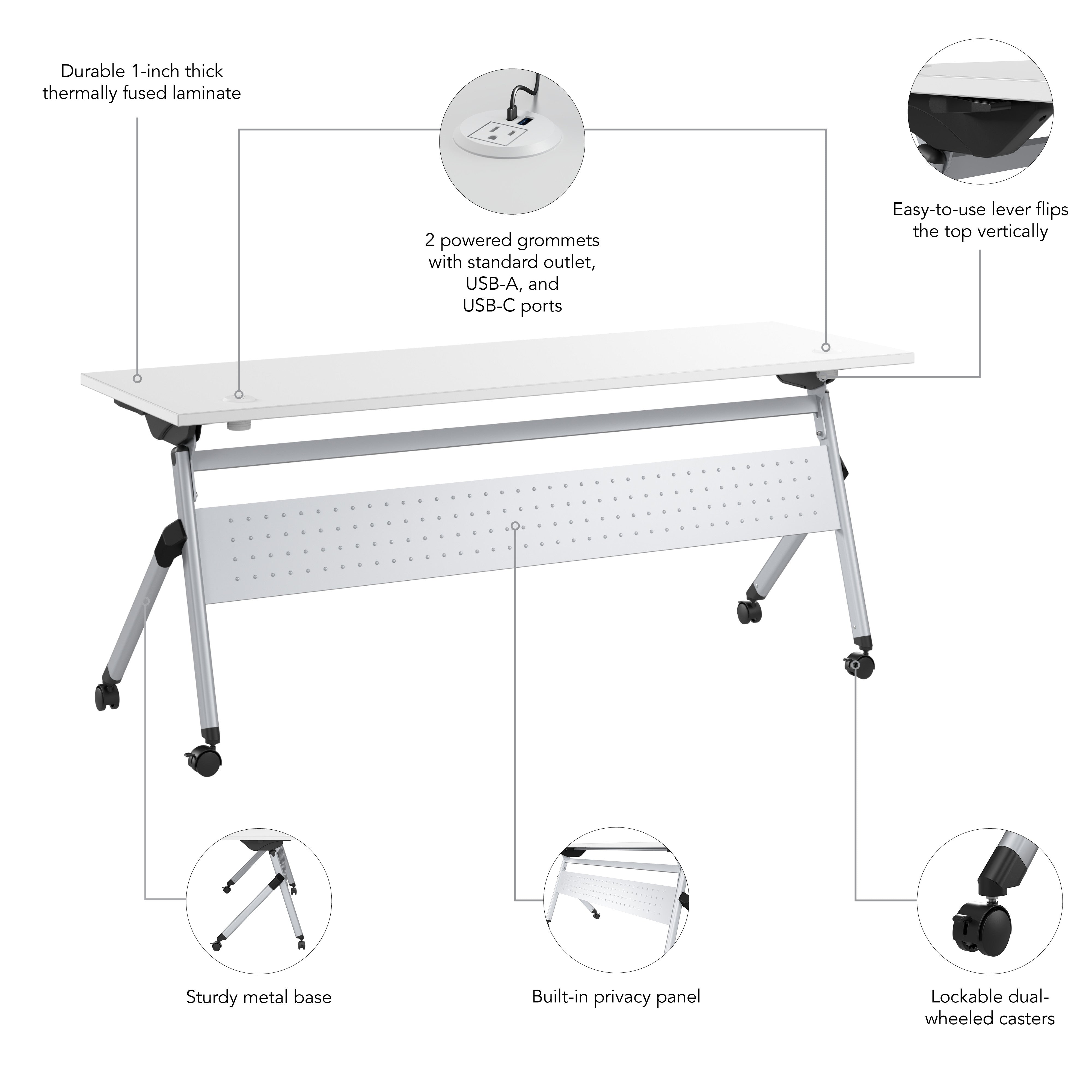 Bush Business Furniture Envision 72W Folding Training Table with Powered Grommets in White - 71.02" Width x 23.54" Depth x 29.62" Height