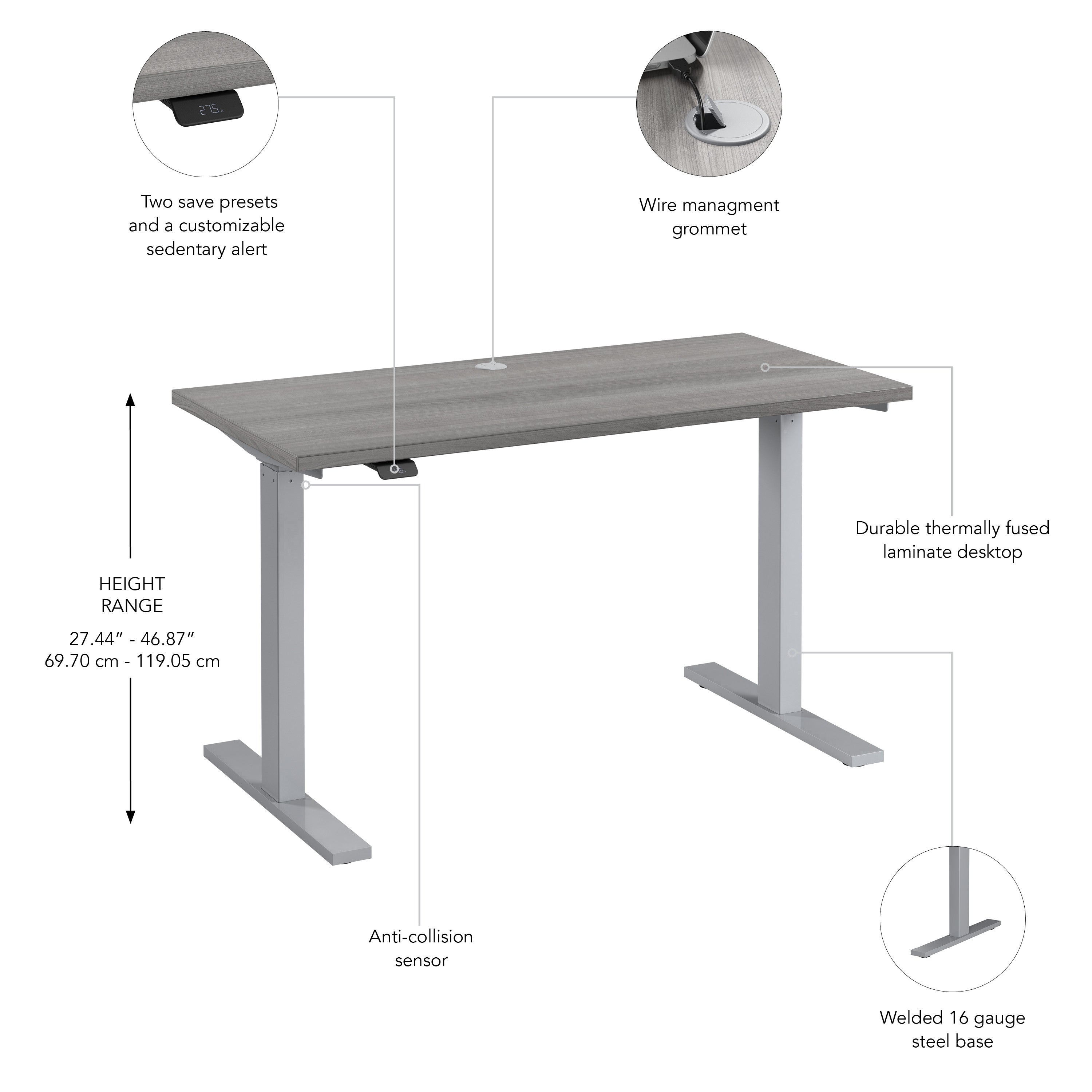 Bush Business Furniture Move 60 Series 48W x 24D Electric Height Adjustable Standing Desk in Platinum Gray with Metallic Gray Base - 47.6" Width x 23.62" Depth x 47.69" Height