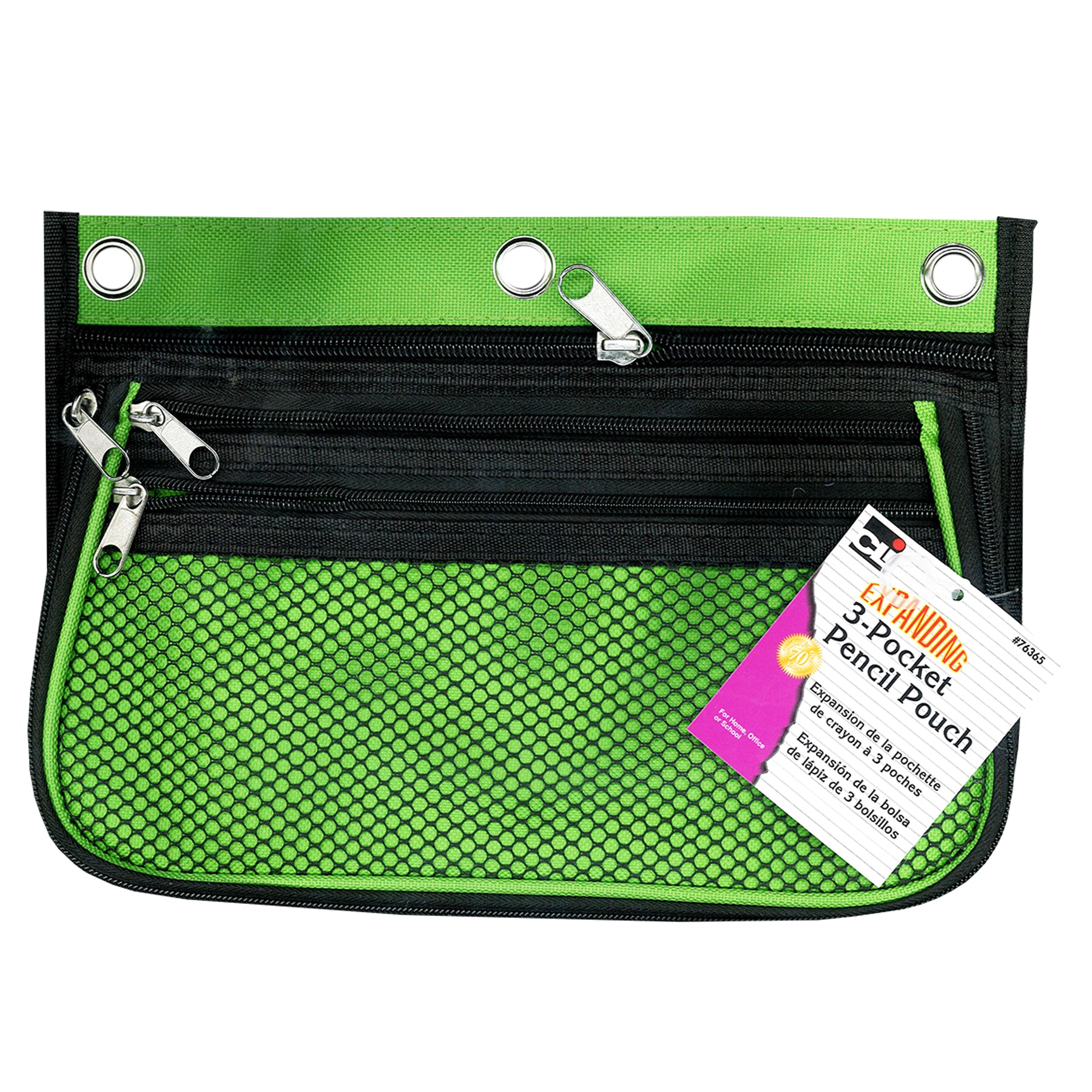 3 Pocket Pencil Pouch, Expanding to 2.25", 10.25"W x 7.25"H x 2.5"D - Assorted Colors, Pack of 3