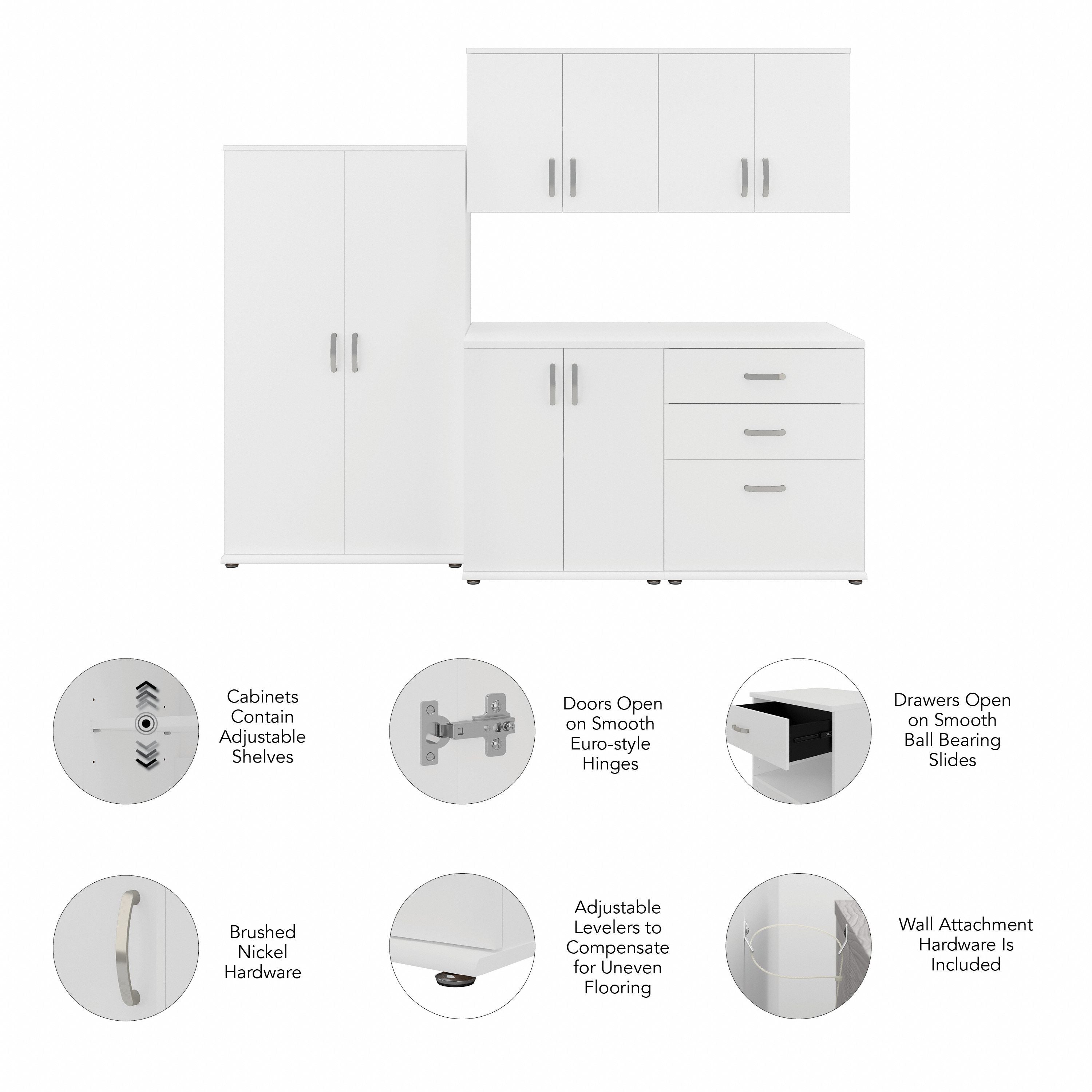 Bush Business Furniture Universal 92W 5 Piece Modular Storage Set with Floor and Wall Cabinets in White - 92.41" Width x 24.69" Depth x 61.81" Height