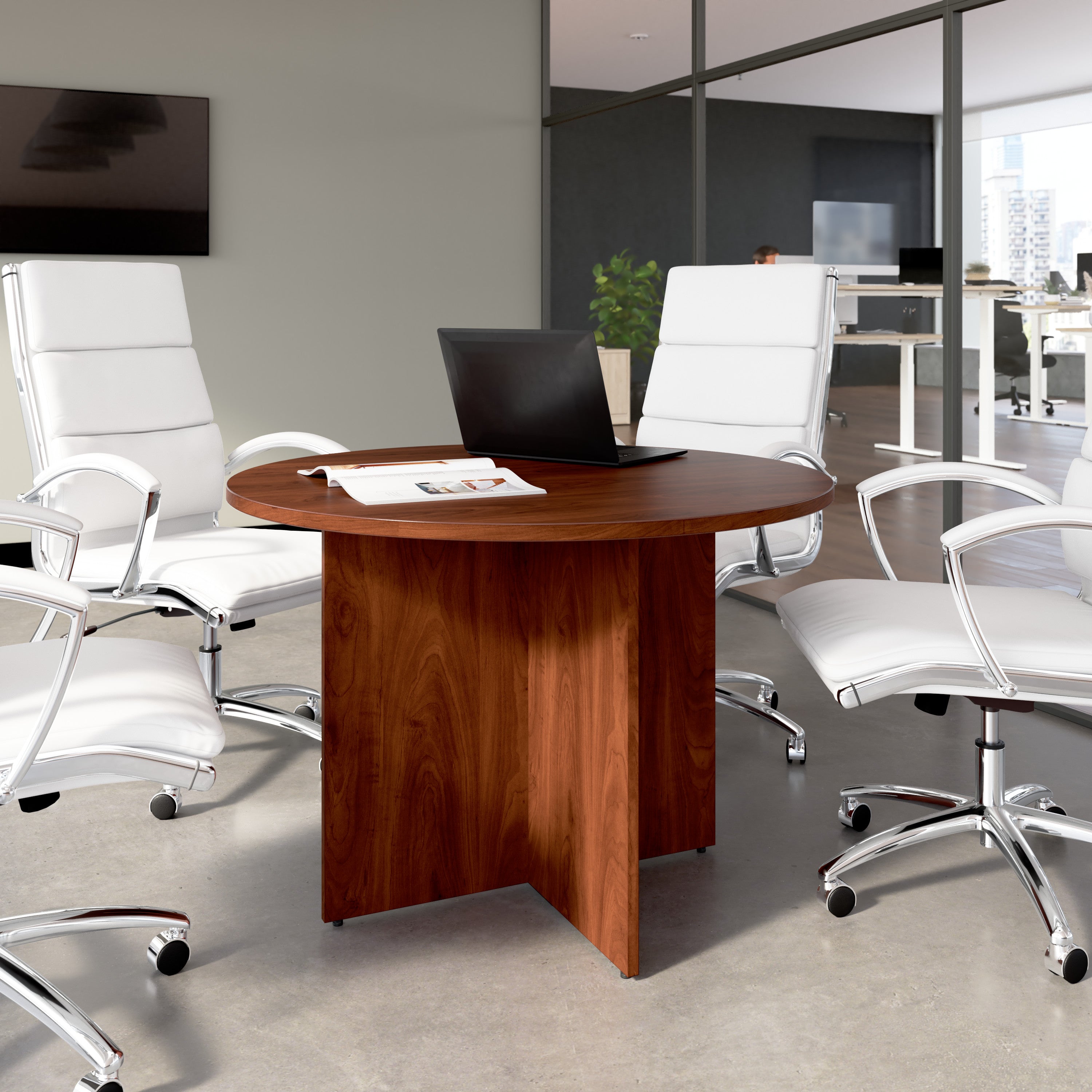 Bush Business Furniture 42-inch Round Conference Table with Wood Base in Hansen Cherry - 41.38" Width x 41.38" Depth x 28.65" Height