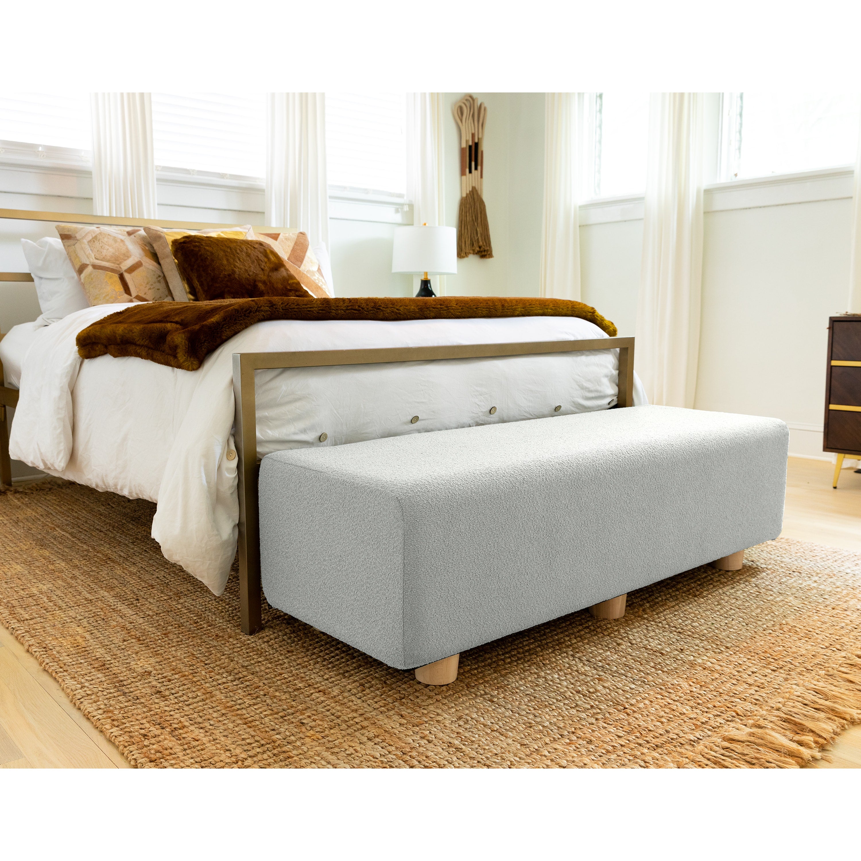 Jaxx Caya 4-in-1 Large Bed Bench, Giant Ottoman, Dining Bench, and Yoga and Massage Platform, Queen, Boucle Silver