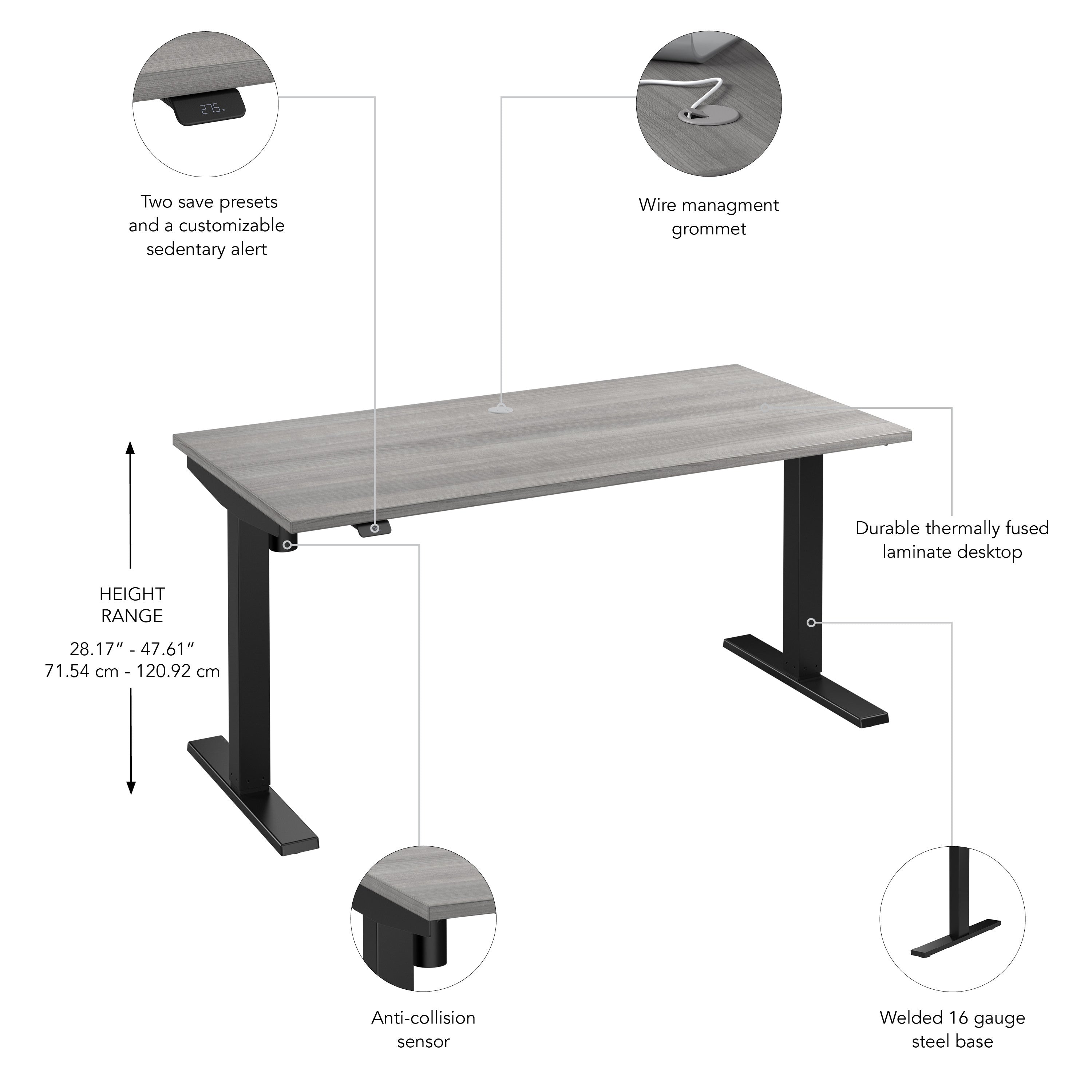 Bush Business Furniture Move 40 Series 60W x 30D Electric Height Adjustable Standing Desk in Platinum Gray with Black Base - 59.45" Width x 29.37" Depth x 28.17" Height