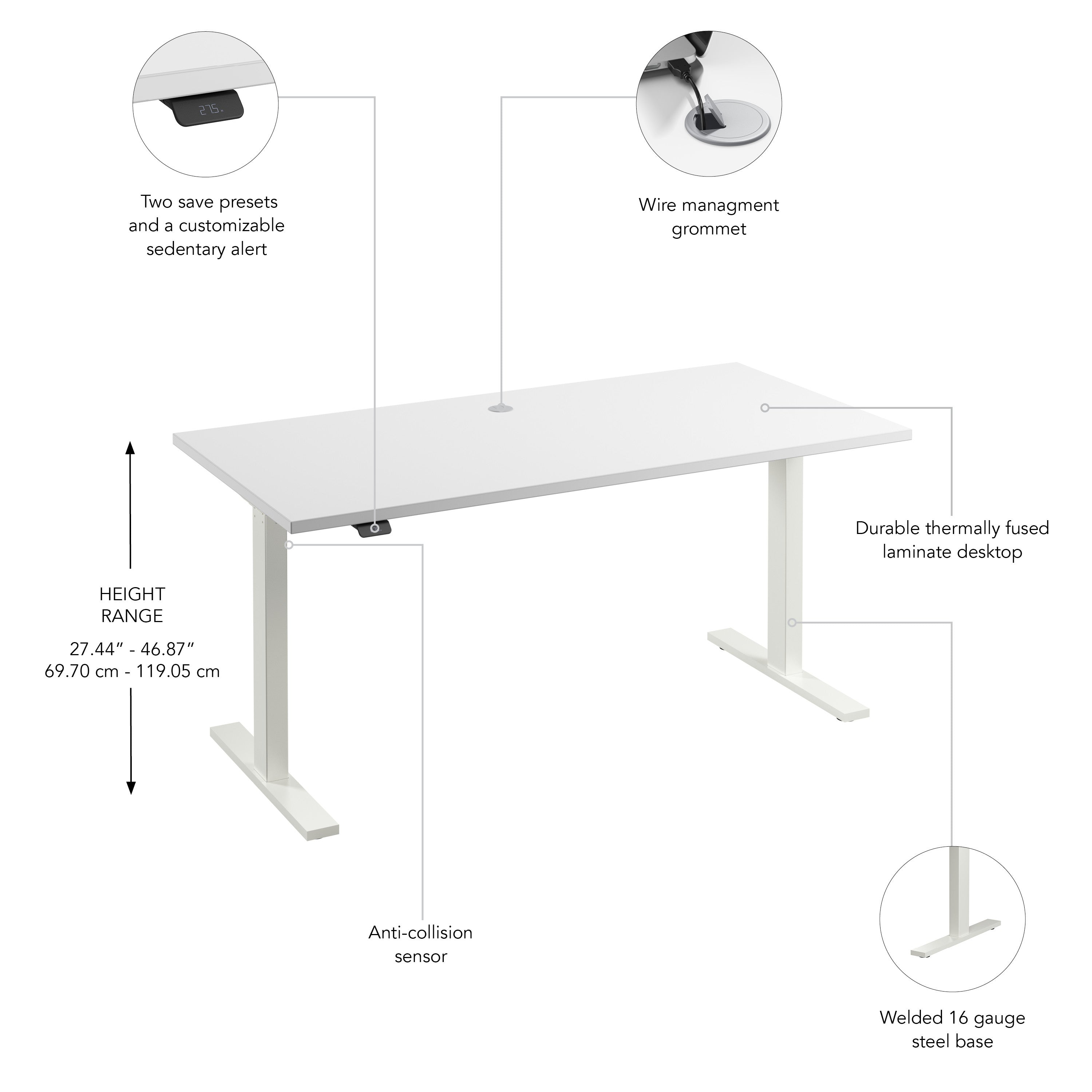 Bush Business Furniture Move 60 Series 60W x 30D Electric Height Adjustable Standing Desk in White with White Base - 59.45" Width x 29.37" Depth x 27.44" Height