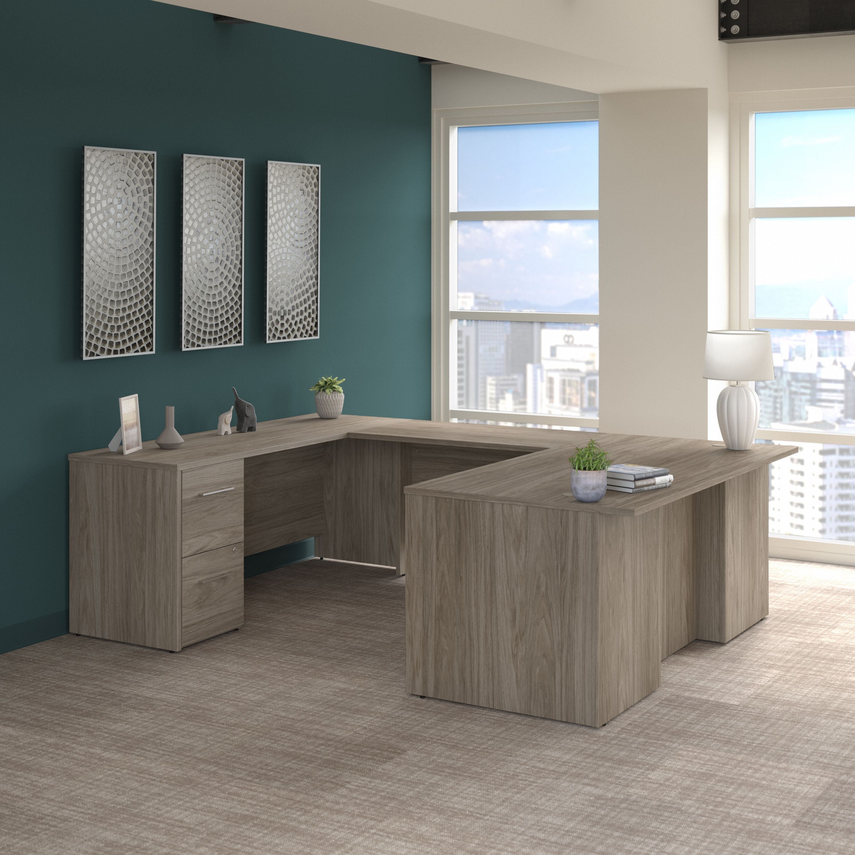 Bush Business Furniture Office 500 72W U Shaped Executive Desk with Drawers in Modern Hickory - 71.02" Width x 100.43" Depth x 29.82" Height