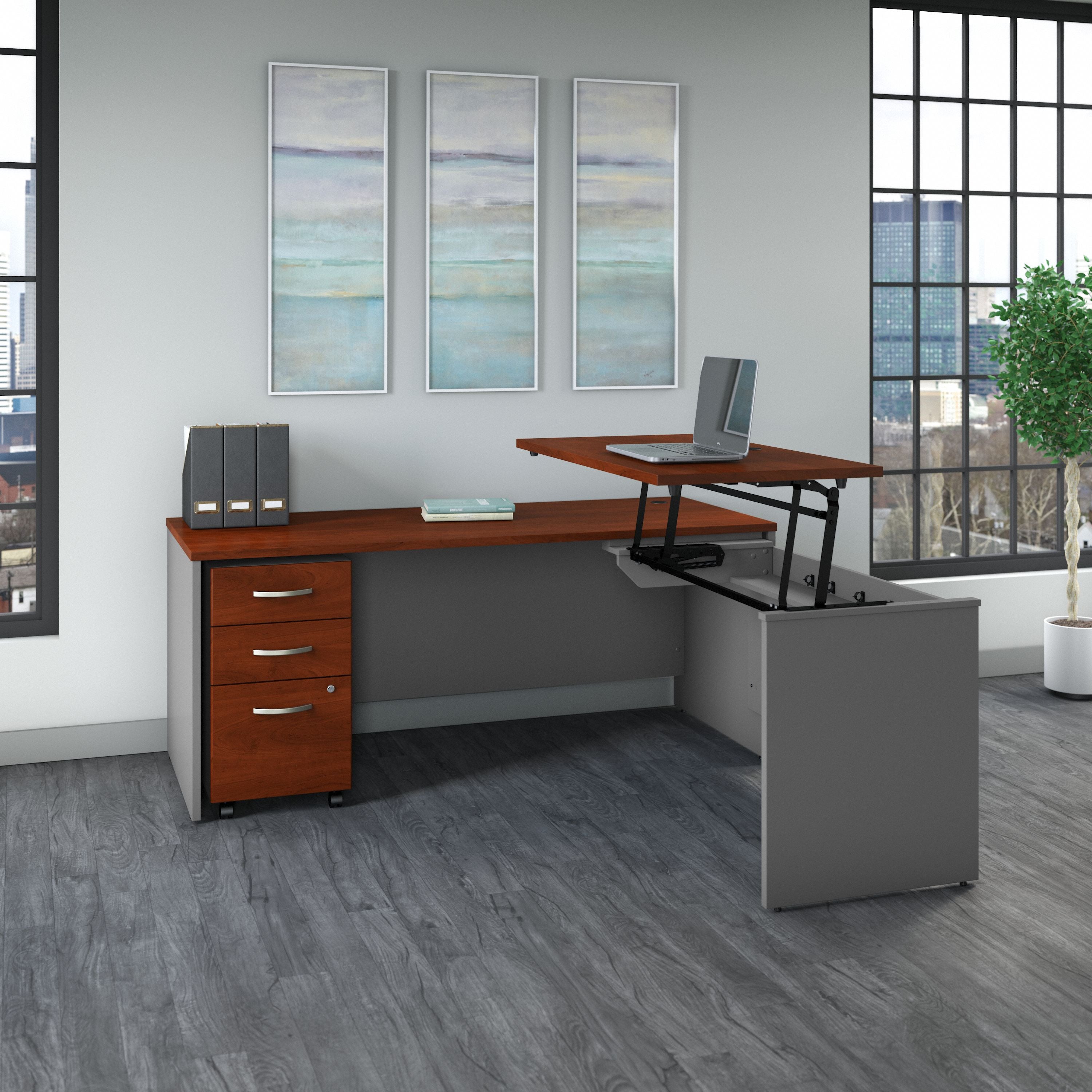 Bush Business Furniture Series C 72W x 30D 3 Position Sit to Stand L Shaped Desk with Mobile File Cabinet in Hansen Cherry/Graphite Gray - 71.1" Width x 72.01" Depth x 29.84" Height