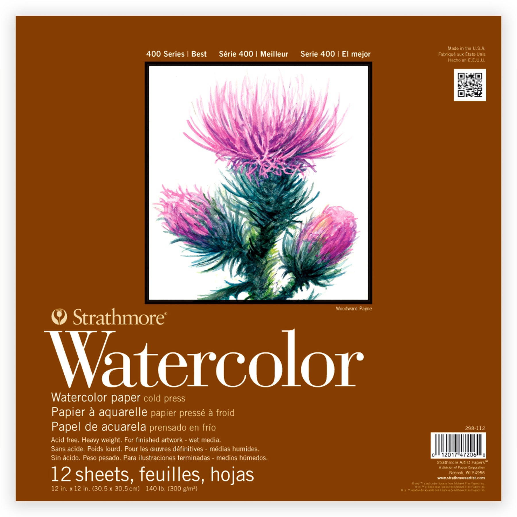 400 Series Watercolor Paper Pad, Cold Pressed, Tape Binding, 12 Sheet, 12x12 inch, 1 Count
