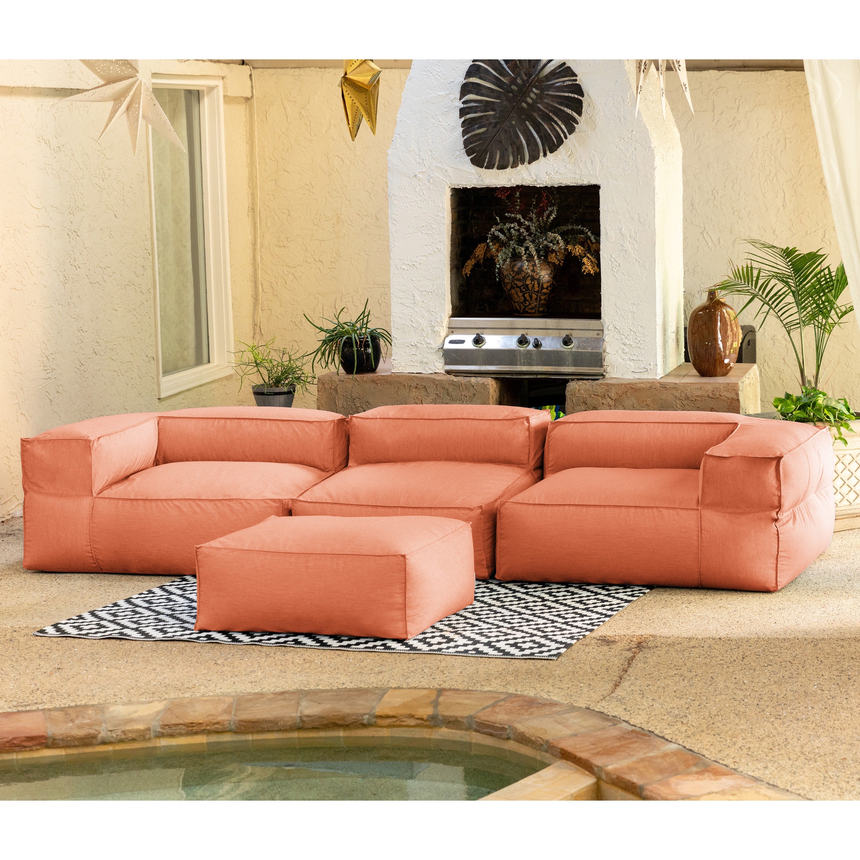Baya 4 Piece Outdoor Sofa with Ottoman - Luxurious European Style Soft Seating, Coral
